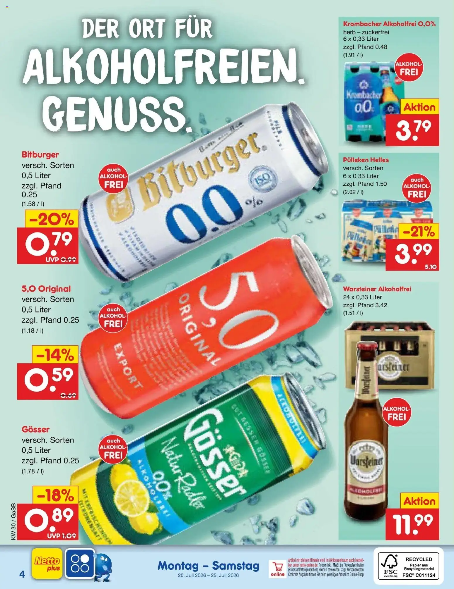 Netto Marken-Discount Prospekt Bremen-Lesum – gültig ab 20.07.2026 | Seite: 55 | Produkte: Bitburger, Krombacher alkoholfrei, Radler, Warsteiner