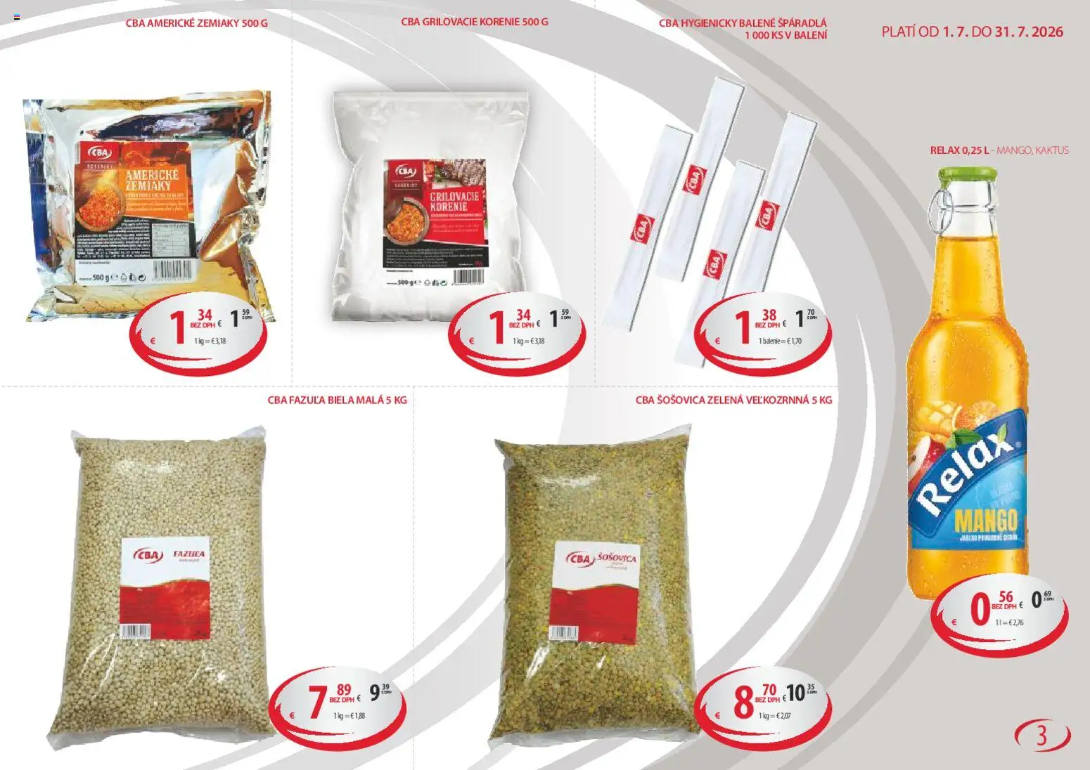Nové CBA Komfos akcie – leták je platný od 01.07.2026 | Strana: 3 | Produkty: Šošovica, Korenie, Zemiaky, Mango