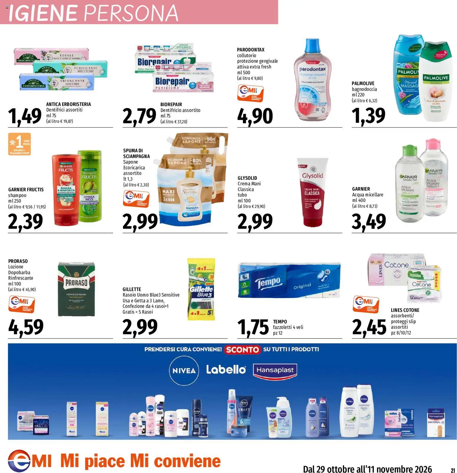 Volantino EMI del 29/10/2026 | Pagina: 21 | Prodotti: Crema, Acqua micellare, Dopobarba, Proteggi slip