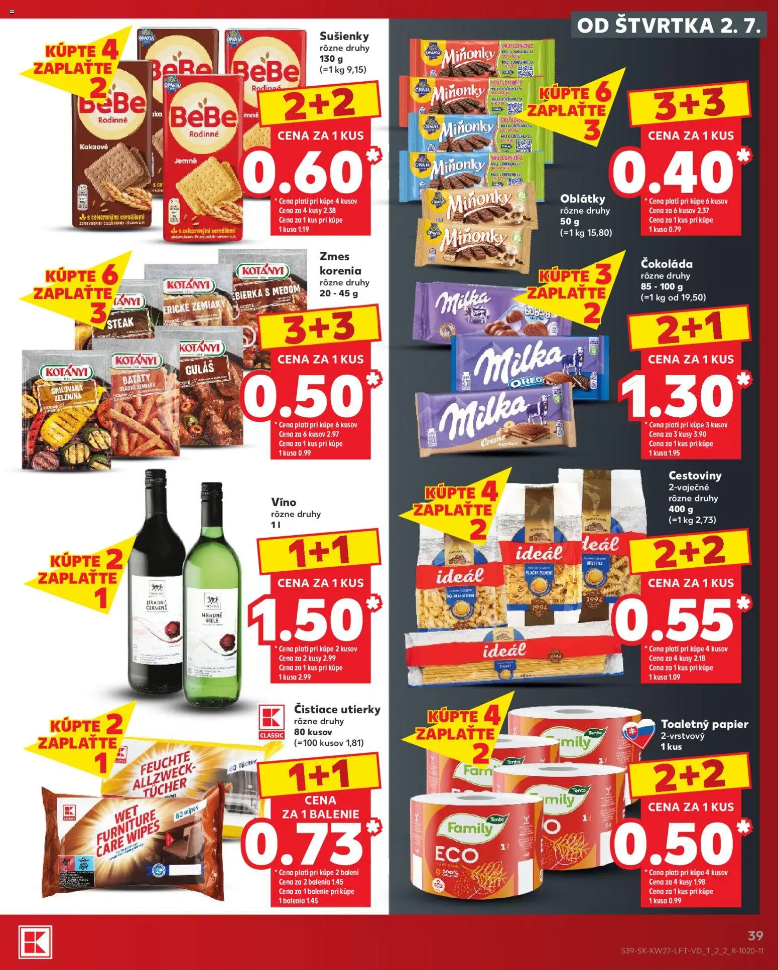 Nové Kaufland akcie – leták je platný od 02.07.2026 | Strana: 39 | Produkty: Víno, Cestoviny, Čokoláda, Čistiace utierky