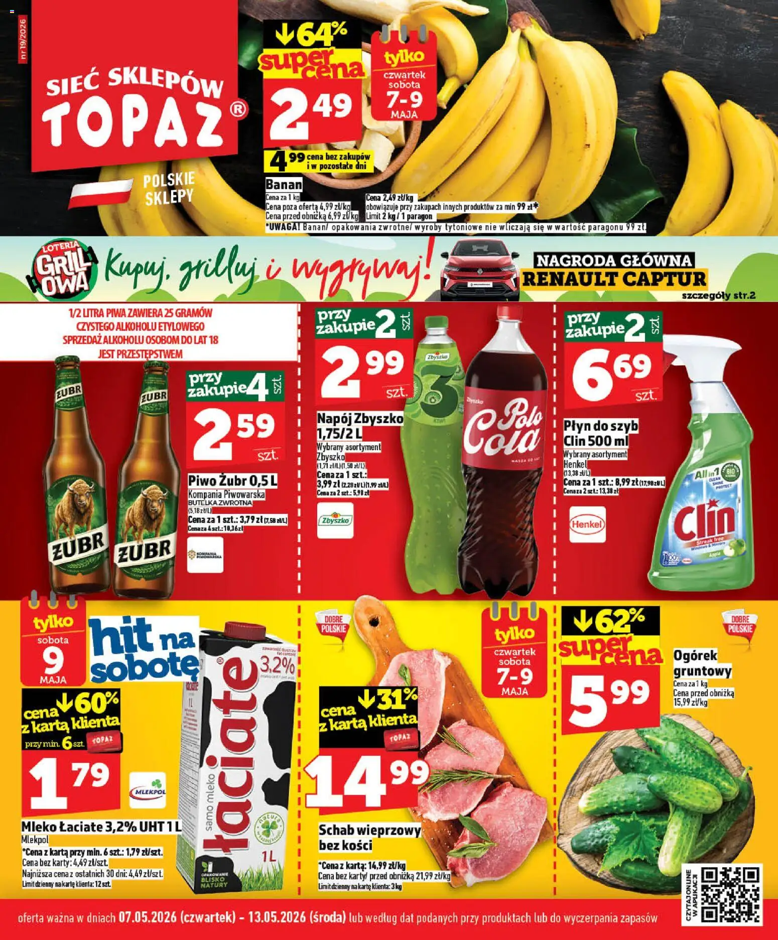 Topaz gazetka od 07.05.2026 | Strona: 1 | Produkty: Karta, Płyn do szyb Clin, Schab, Grill
