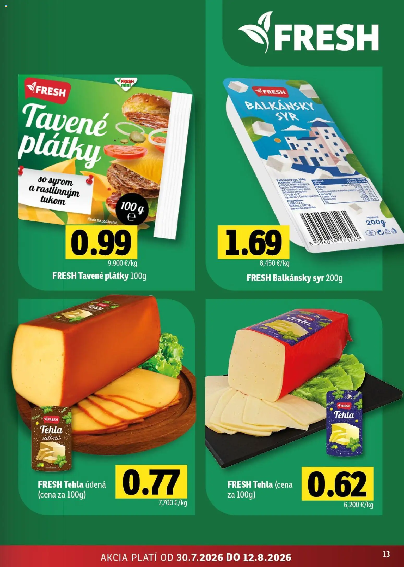 Nové Fresh akcie – leták je platný od 30.07.2026 | Strana: 13 | Produkty: Syr, Balkánsky syr