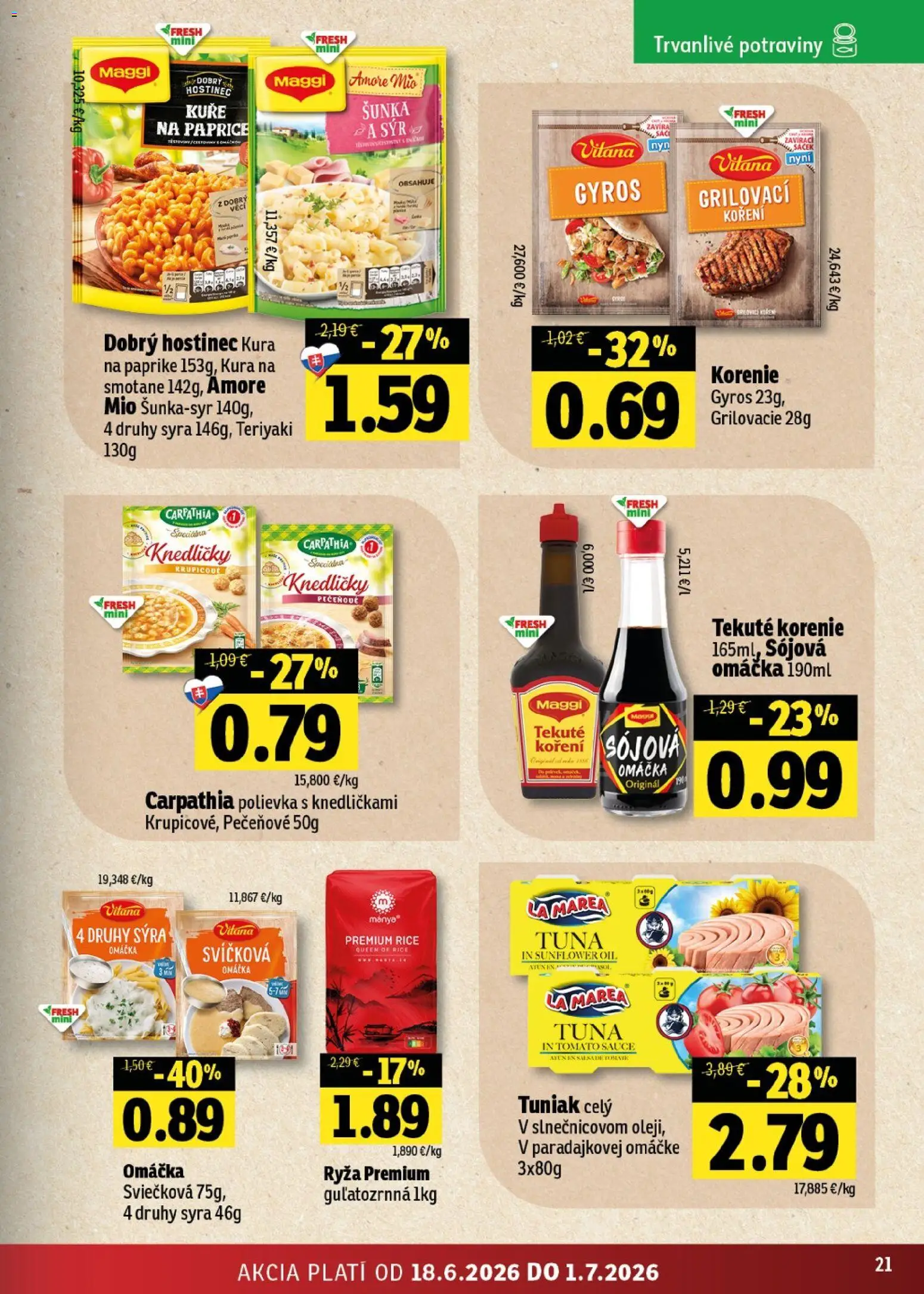 Nové Fresh akcie – leták je platný od 18.06.2026 | Strana: 21 | Produkty: Syr, Tuniak, Ryža, Omáčka