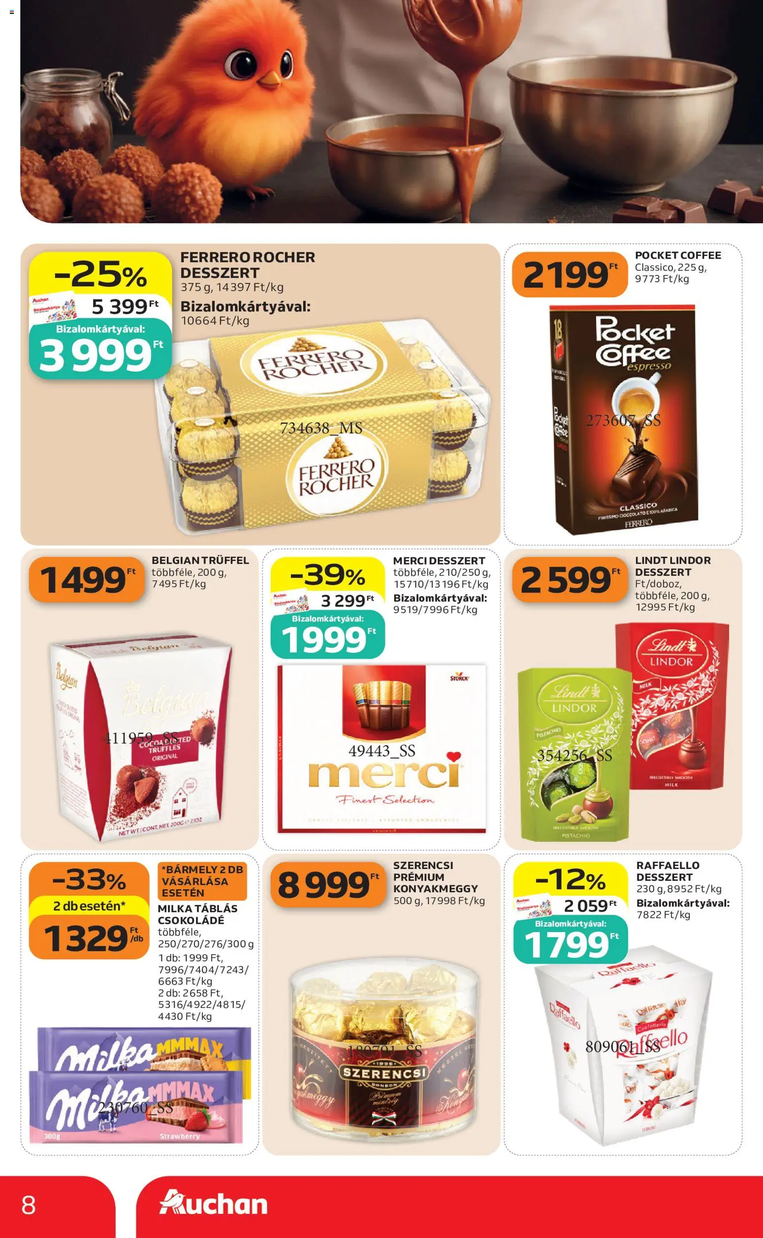 Auchan akciós ujság - amely érvényes a következő dátumtól: 2026.10.08. | Oldal: 8 | Termékek: Milka, Raffaello, Lindt, Desszert