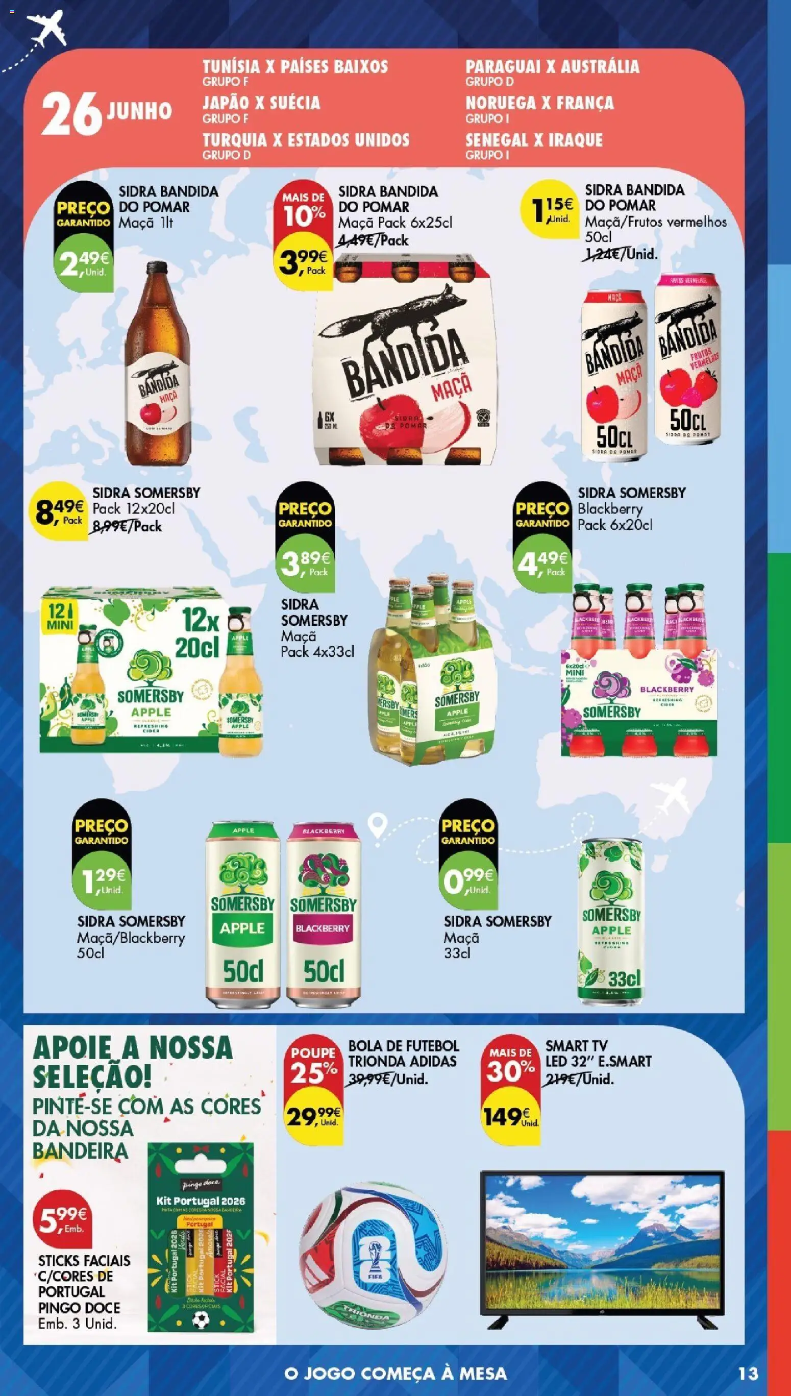 Pingo Doce Bebidas e Petiscos 2026 │ válido de 09.06.2026 | Página: 13 | Produtos: Tv led, Mesa, Maça, Somersby