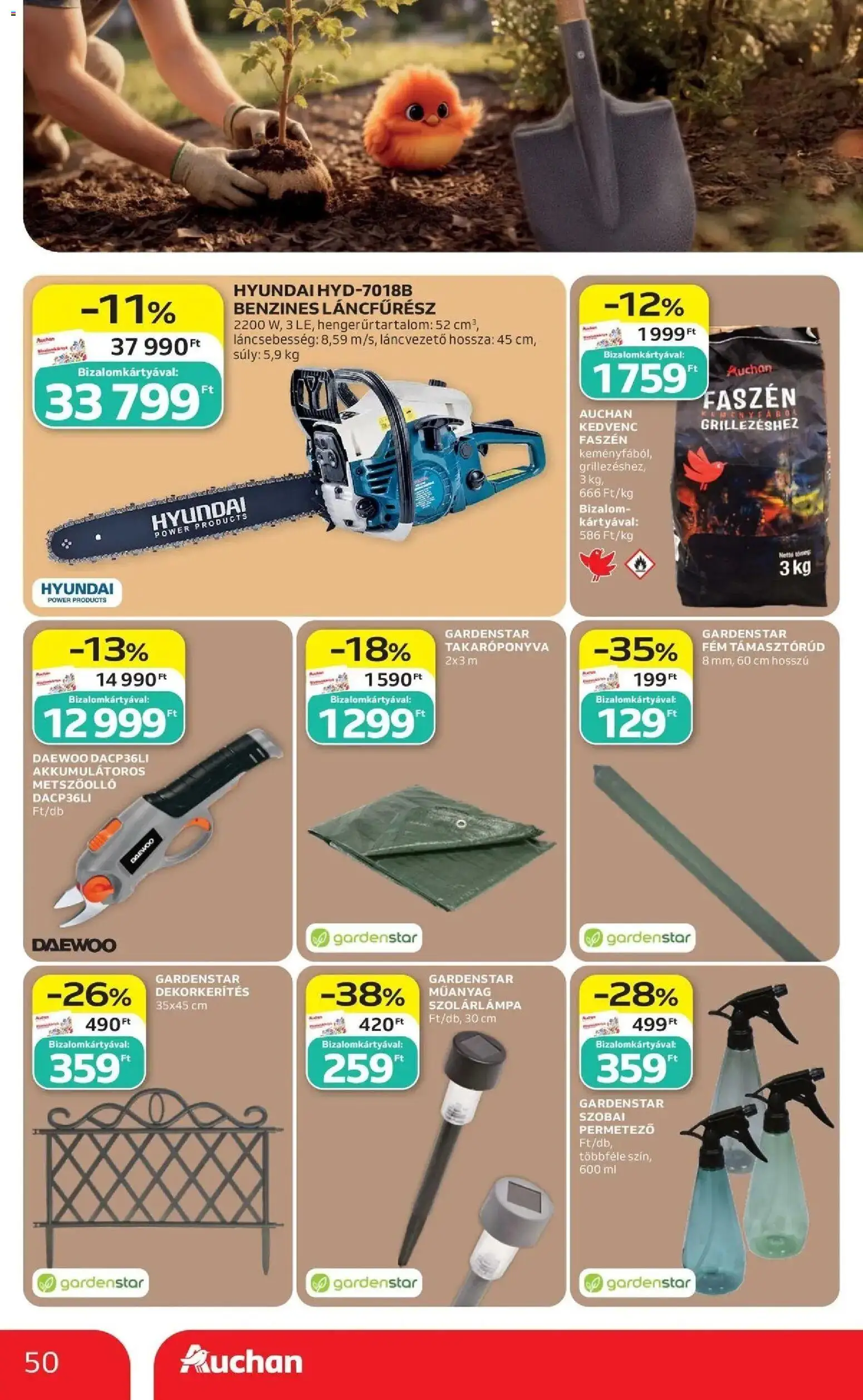 Auchan akciós újság Szolnok - 2026.09.17. -tól/töl > akció, lapozható szórólap 🛍️ | Oldal: 50 | Termékek: Takaróponyva, Szolárlámpa, Metszőolló, Láncfűrész
