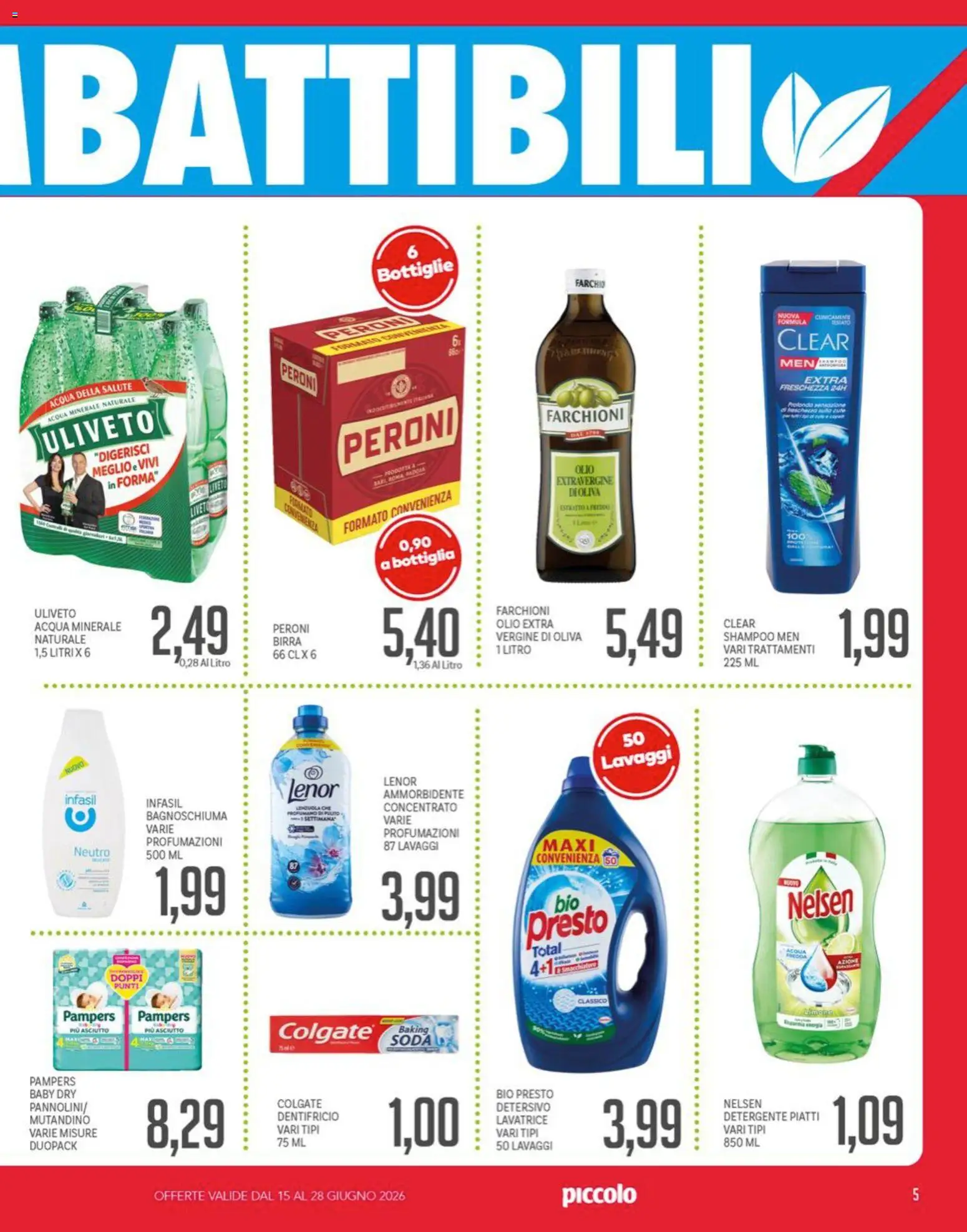 Volantino Piccolo del 15.06.2026 | Pagina: 5 | Prodotti: Bagnoschiuma, Birra, Ammorbidente, Olio