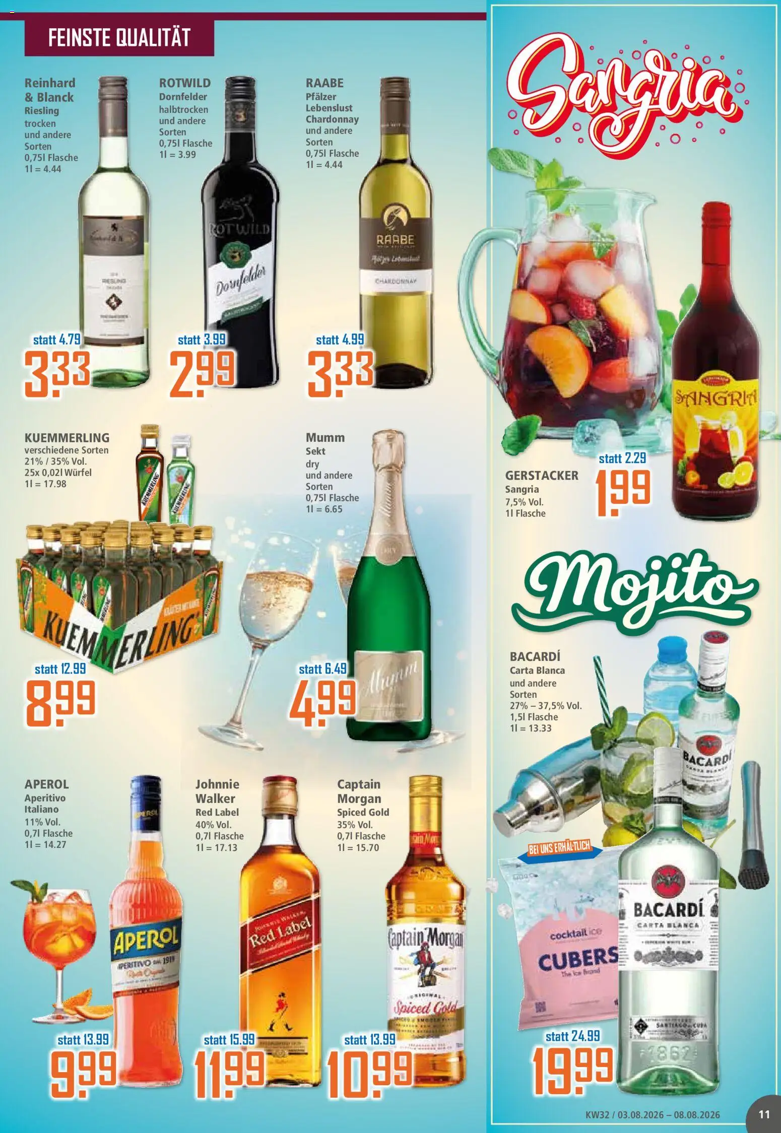Klaas & Kock Prospekt – gültig ab 03.08.2026 | Seite: 11 | Produkte: Bacardi, Kuemmerling, Captain morgan, Aperol