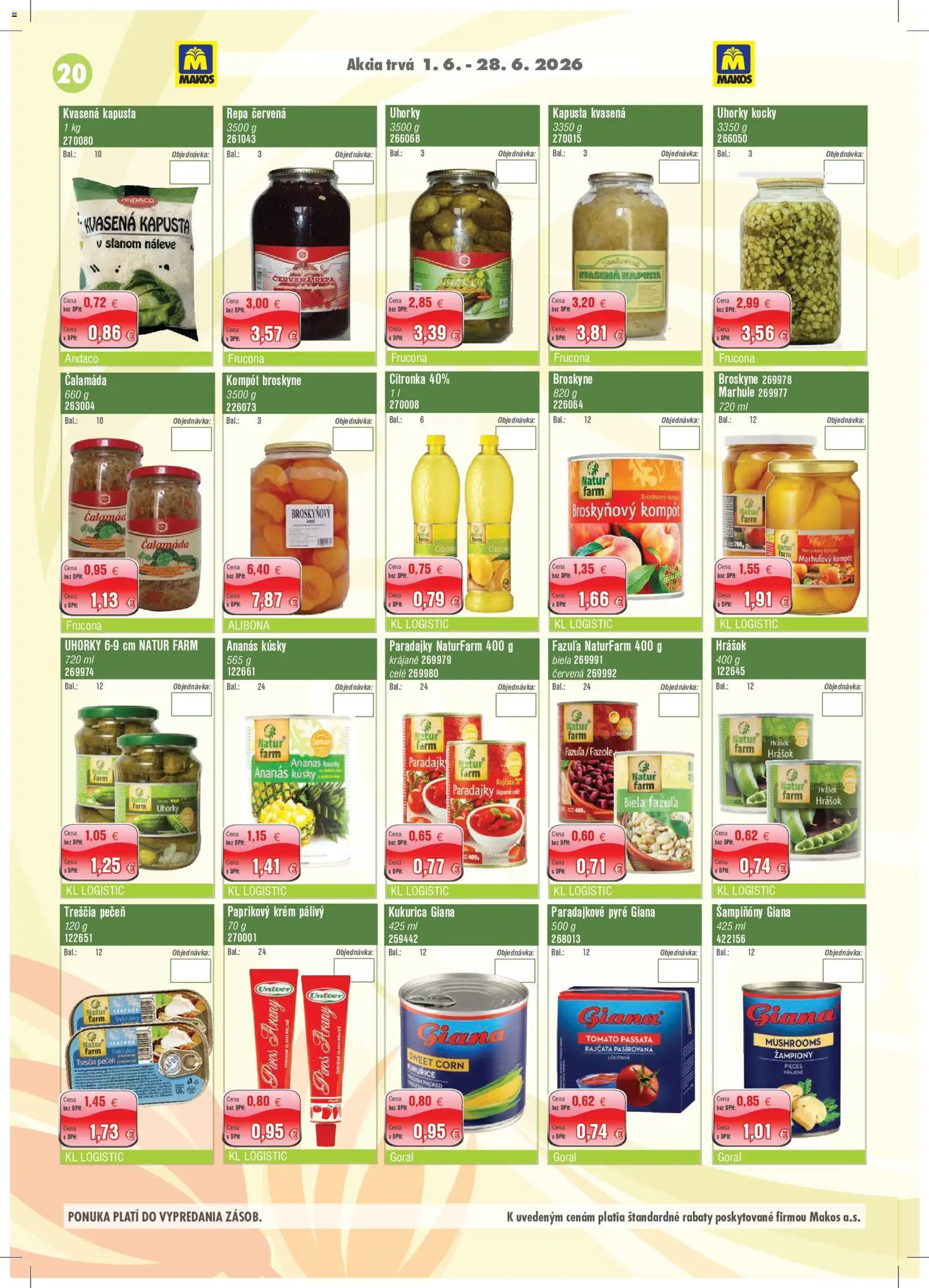 Nové Makos akcie – leták je platný od 01.06.2026 | Strana: 20 | Produkty: Paradajky, Broskyňový kompót, Krém, Uhorky