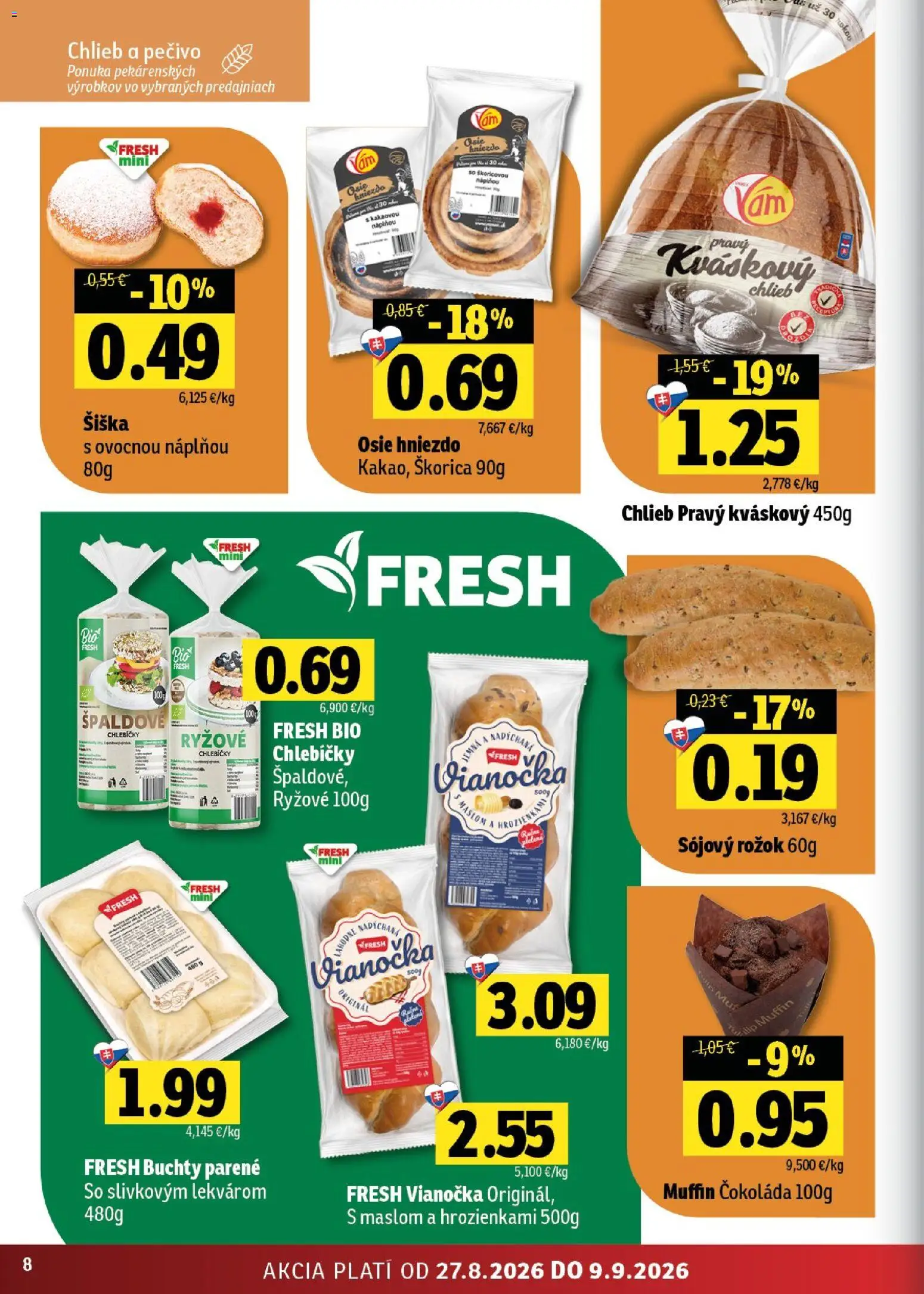 Nové Fresh akcie – leták je platný od 27.08.2026 | Strana: 8 | Produkty: Chlieb, Rožok, Vianočka, Čokoláda