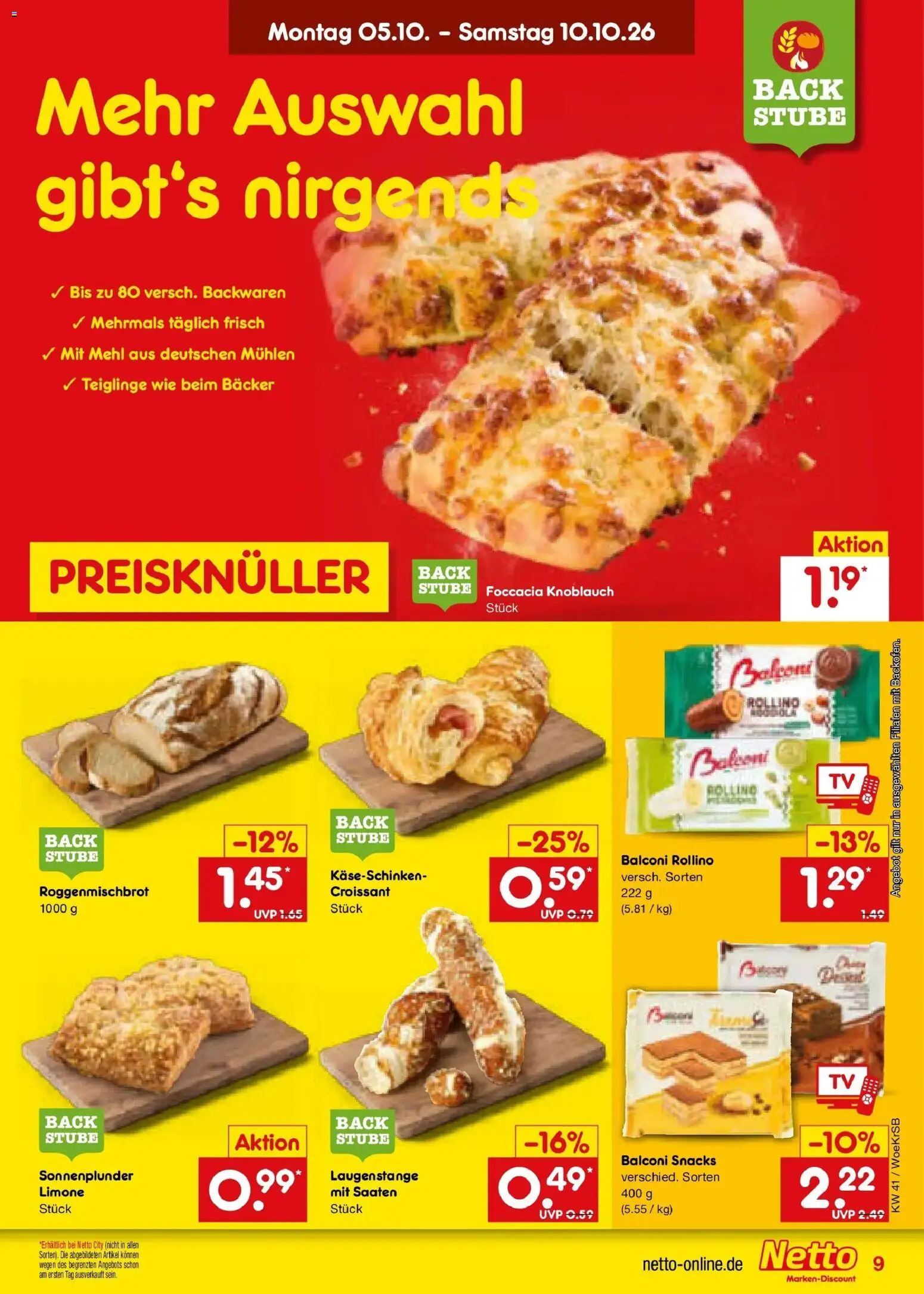 Netto Marken-Discount Prospekt Baesweiler (ab 05.10.2026) » Angebote | Seite: 9 | Produkte: Mehl, Croissant, Knoblauch, TV