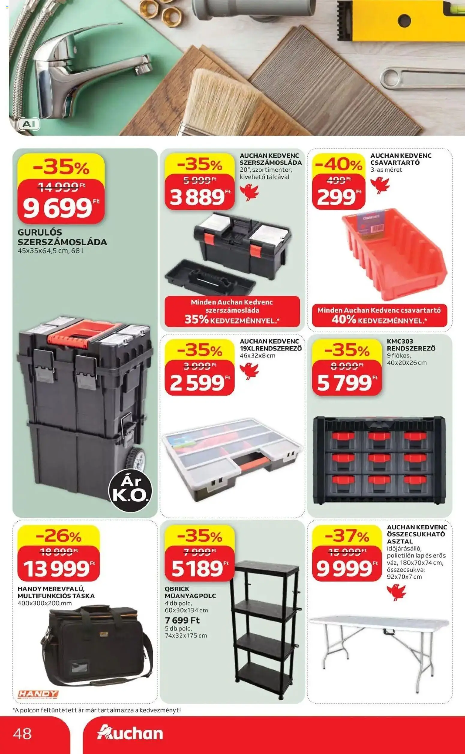 Auchan akciós újság Szolnok - 2026.08.27. -tól/töl > akció, lapozható szórólap 🛍️ | Oldal: 48 | Termékek: Táska, Lap, Asztal, Szerszámosláda