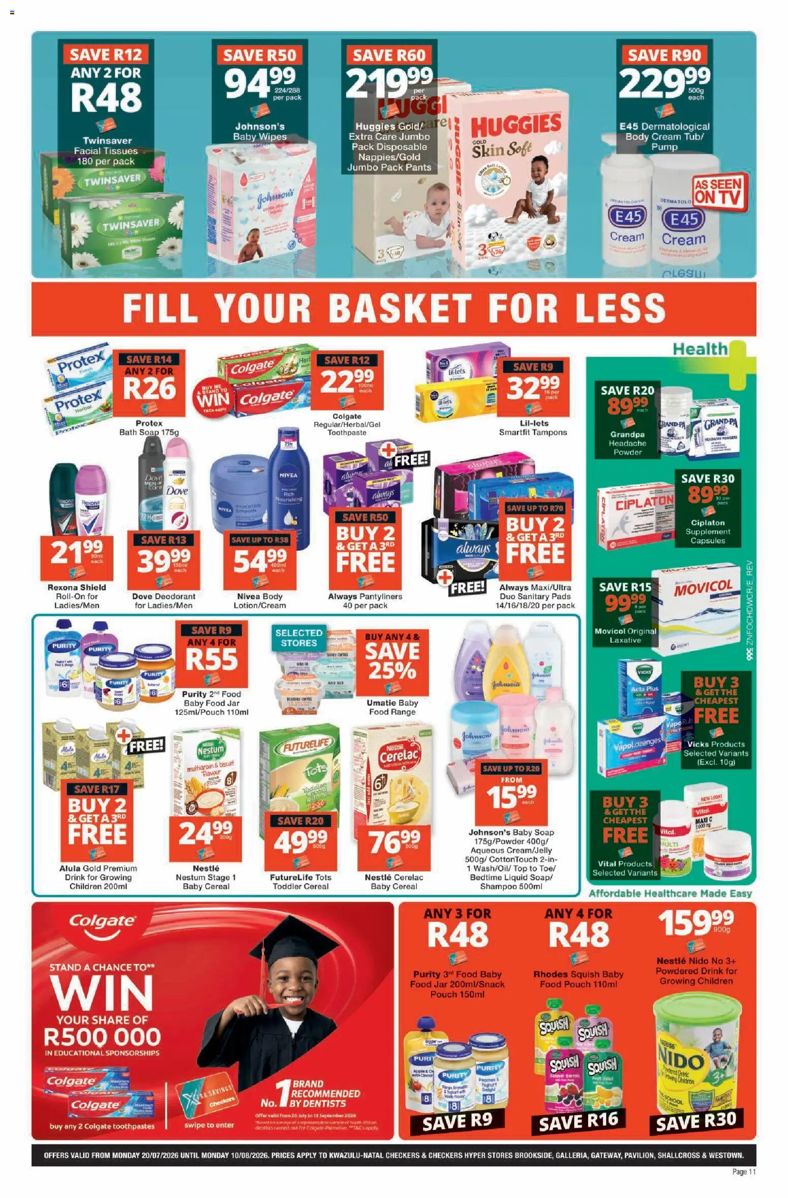 New Checkers catalogue – valid from 20/07/2026 | Page: 11 | Products: Pants, Bath, Basket, Baby food