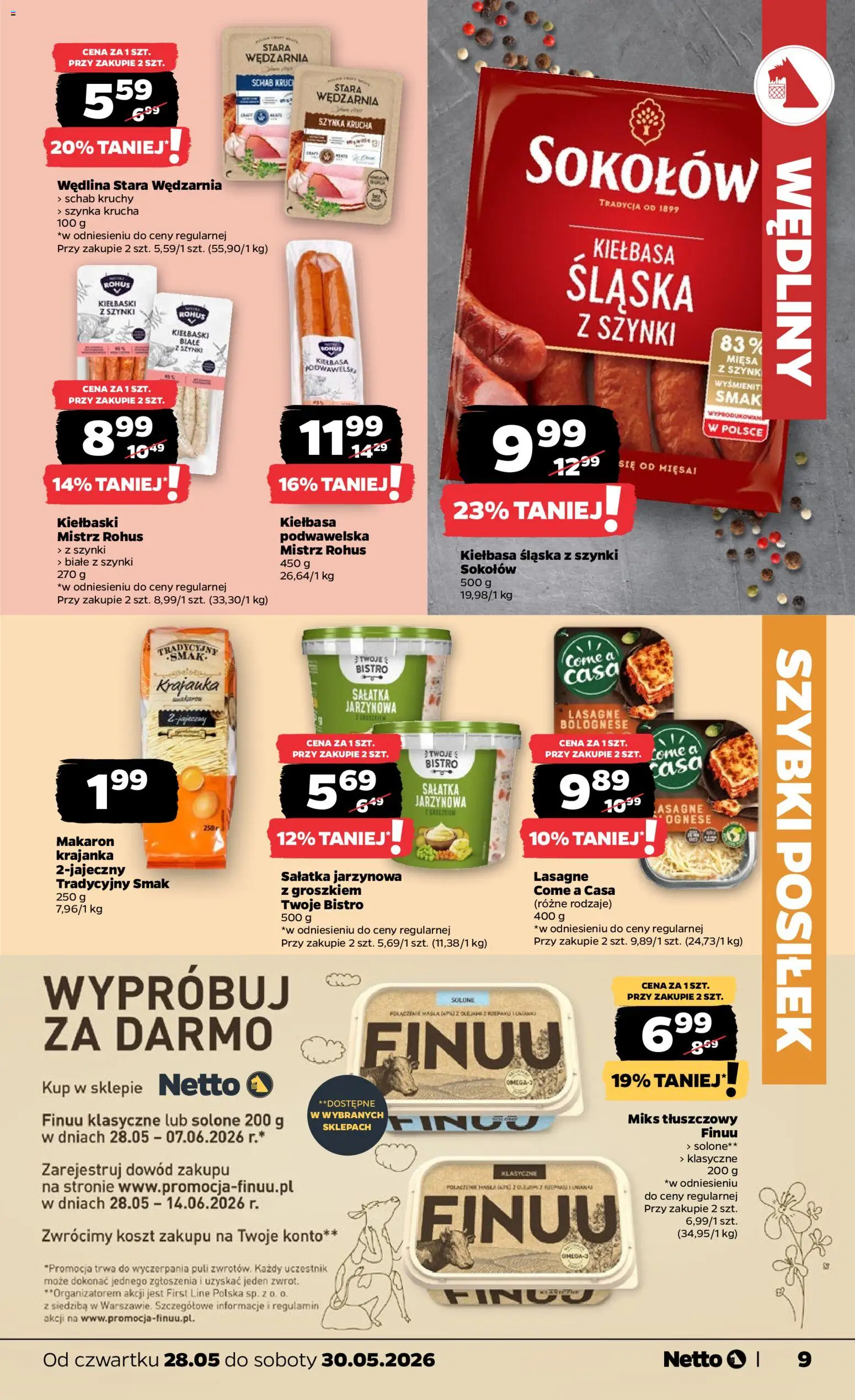 Netto gazetka od czwartku spożywcza od 28.05.2026 | Strona: 9 | Produkty: Kiełbasa, Kiełbaski, Kiełbasa śląska, Lasagne bolognese