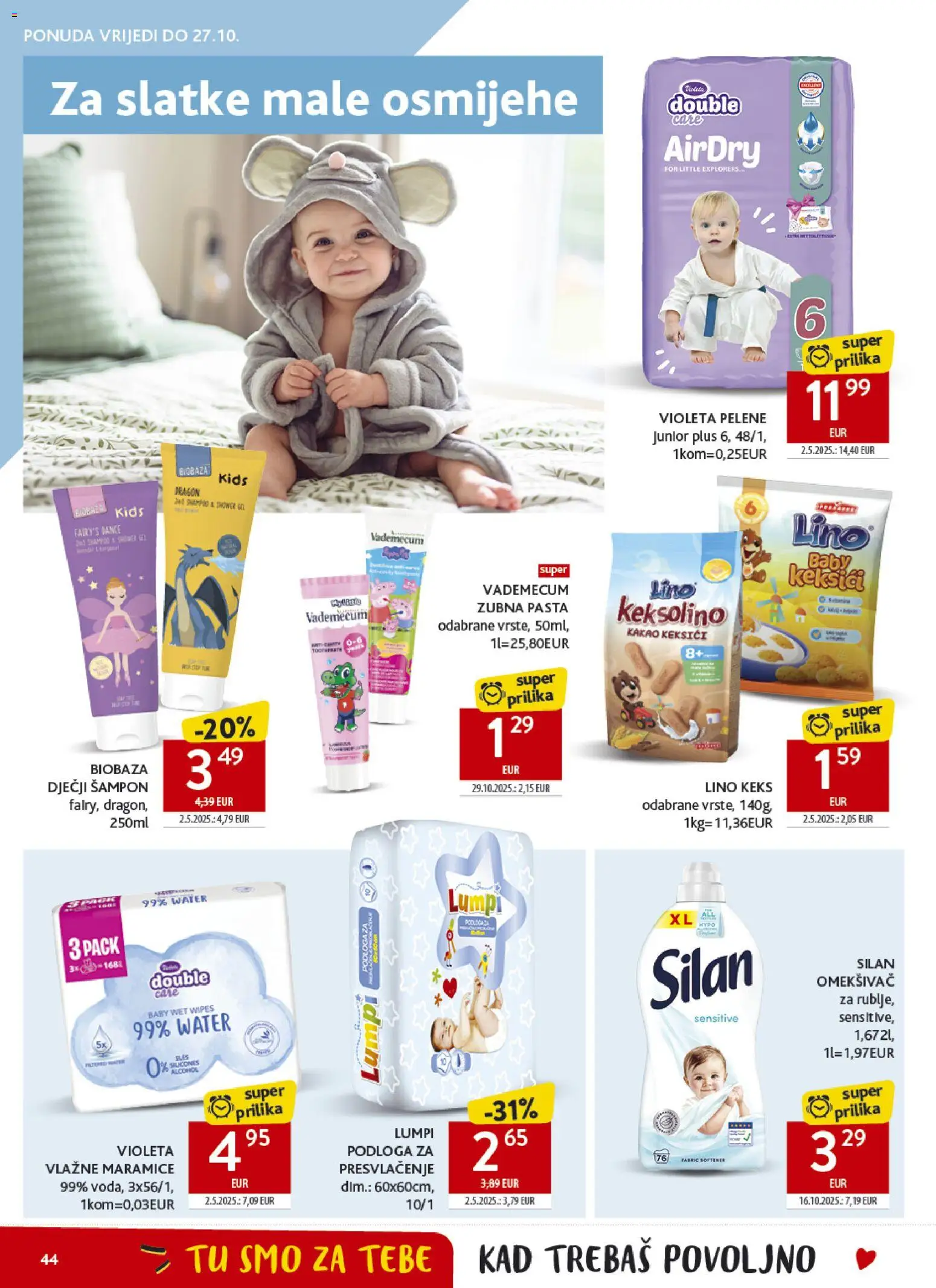 Konzum katalog | vrijedi od 14.10.2026 | Stranica: 44 | Proizvodi: Dječji šampon, Omekšivač, Maramice, Violeta