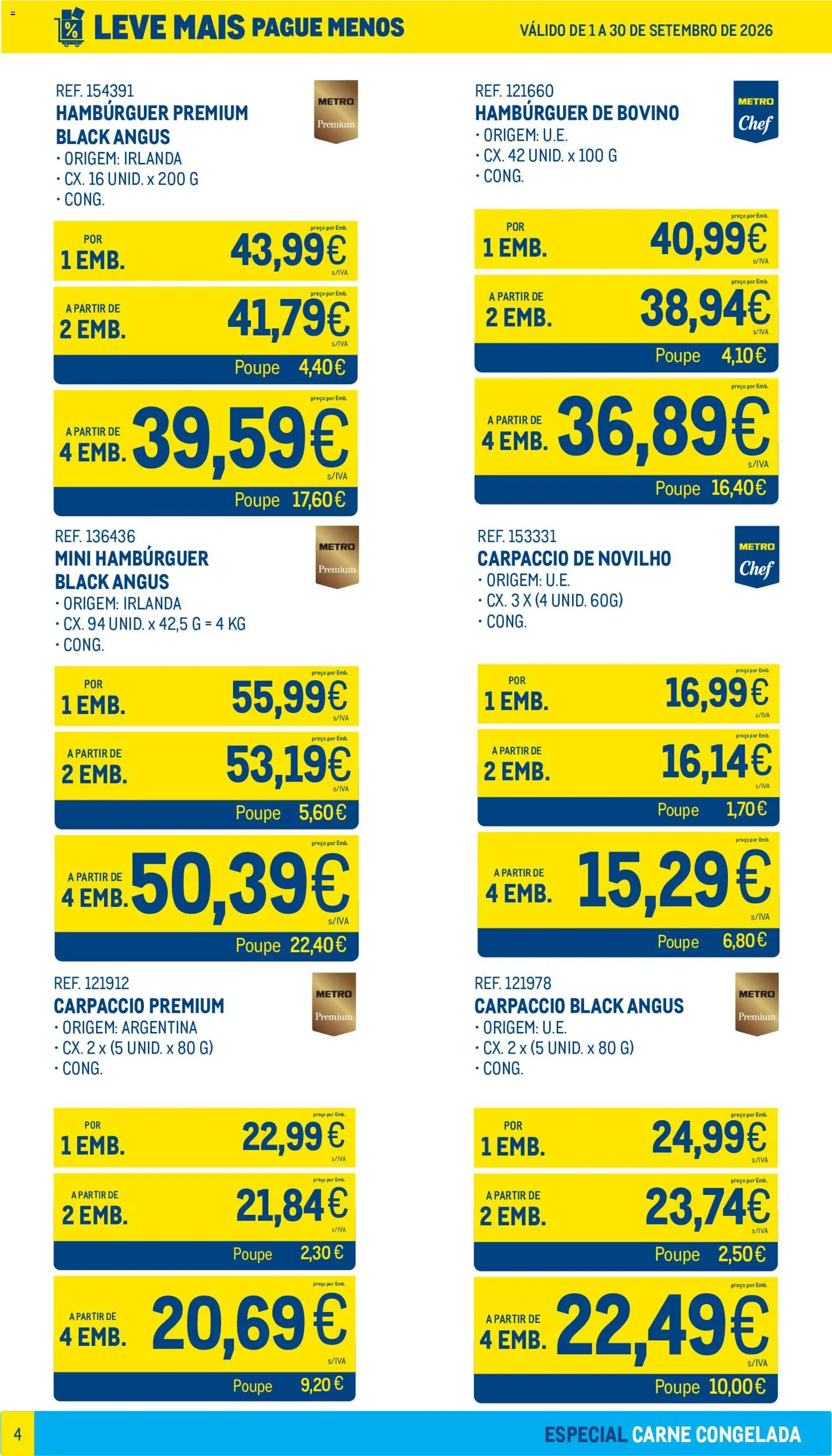 Makro Leve Mais Pague Menos - Carne Congelada │ válido de 01/09/2026 | Página: 4 | Produtos: Hambúrguer, Carpaccio, Carpaccio de novilho, Carne