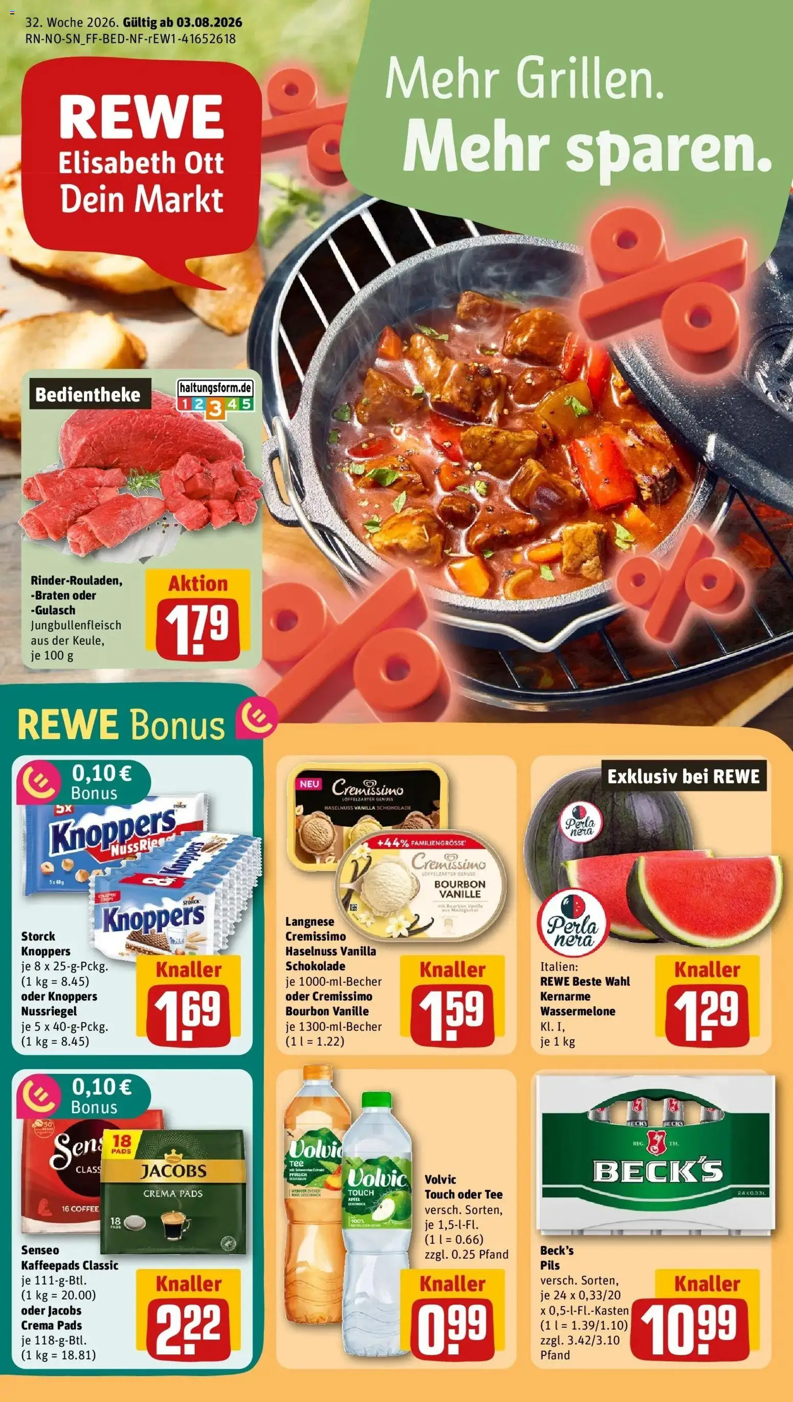 REWE Prospekt ab 03.08.2026 zum Blättern » Angebote | Seite: 1 | Produkte: Senseo, Kaffeepads, Cremissimo, Pils
