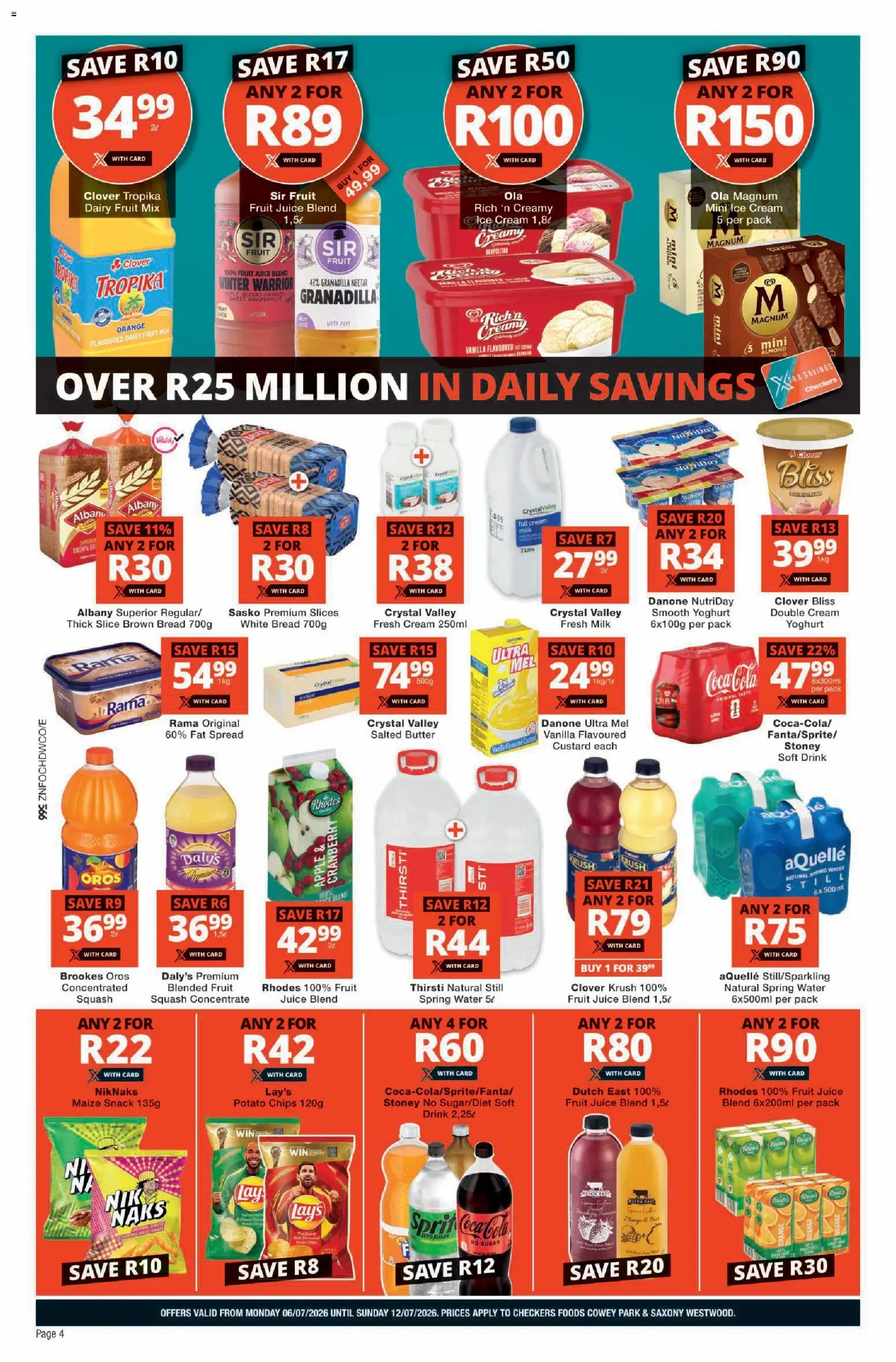 New Checkers catalogue – valid from 06/07/2026 | Page: 4 | Products: Milk, Chips, Cream, Ice cream