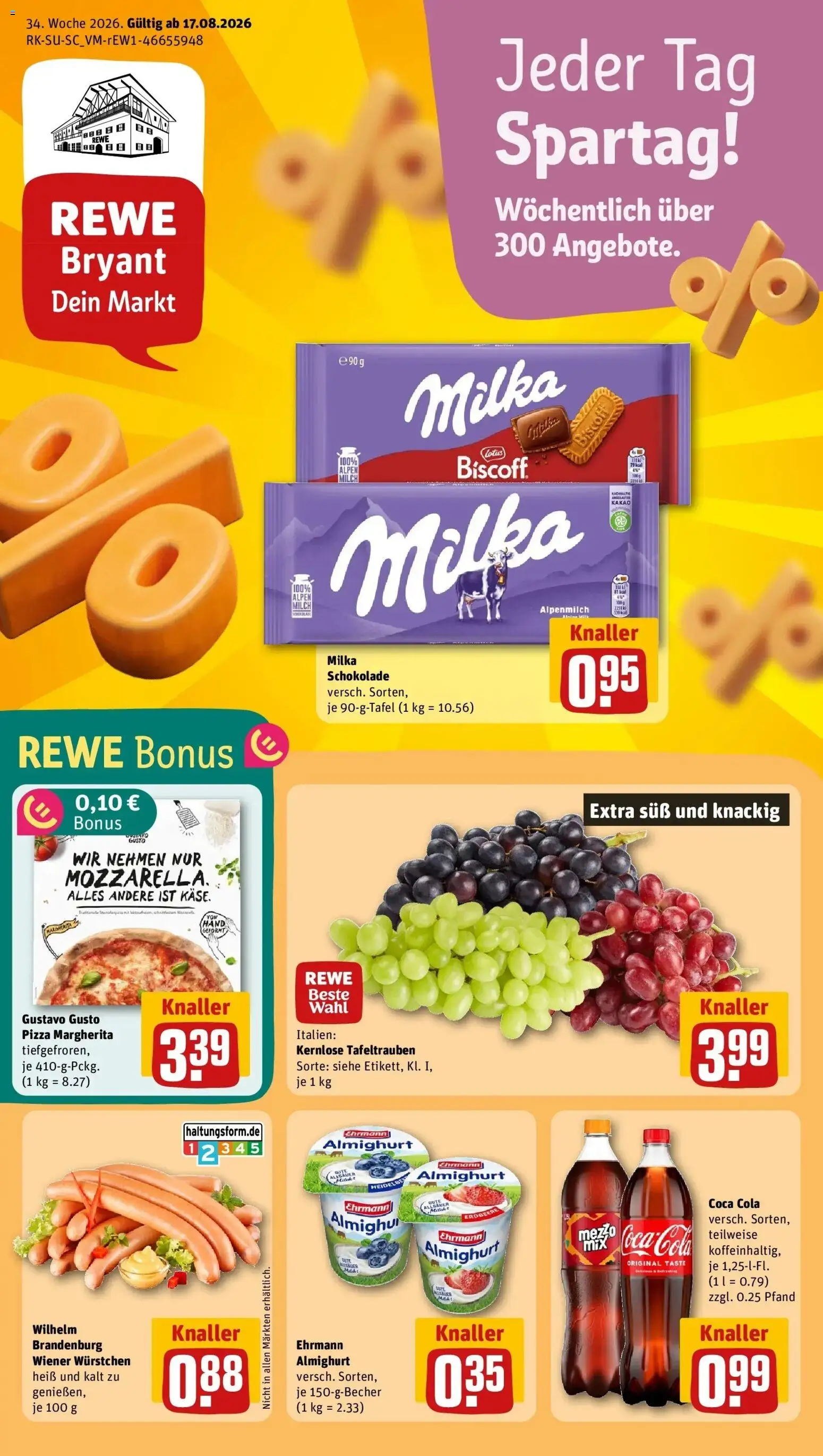 REWE Prospekt ab 17.08.2026 zum Blättern » Angebote | Seite: 1 | Produkte: Wiener wurstchen, Ehrmann almighurt, Cola, Milka schokolade