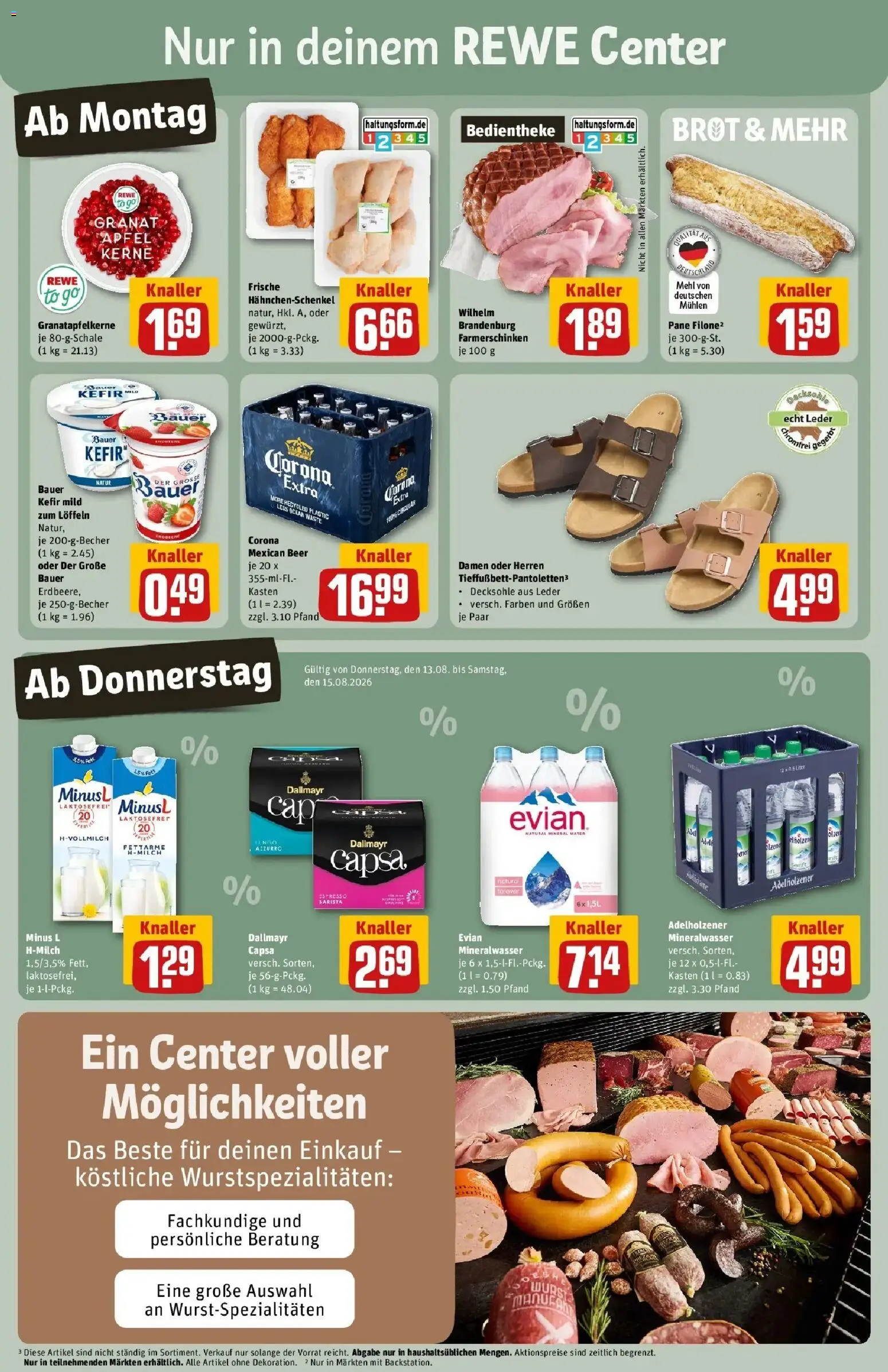 REWE Prospekt ab 10.08.2026 zum Blättern » Angebote | Seite: 3 | Produkte: Mehl, Hahnchenschenkel, Adelholzener, Dallmayr
