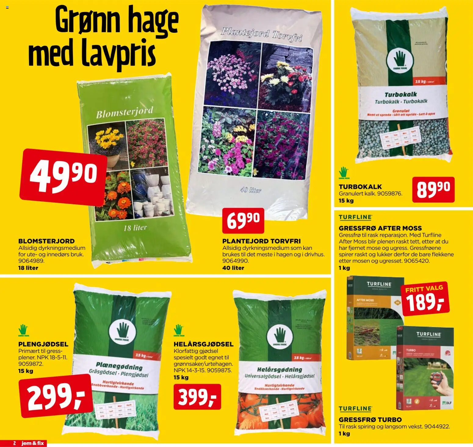 {H1} | Side: 2 | Produkter: Gressfrø, Blomsterjord, 1, Gjødsel