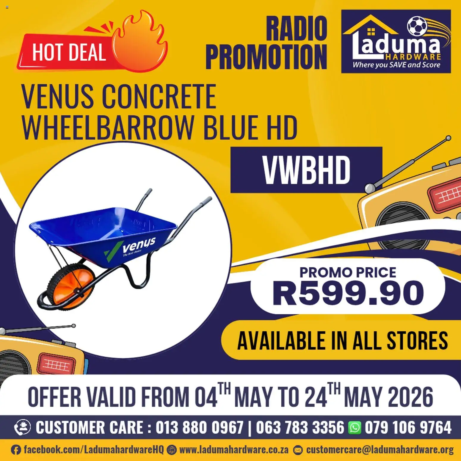New Laduma Hardware catalogue – valid from 04.05.2026 | Page: 2 | Products: Radio, Wheelbarrow