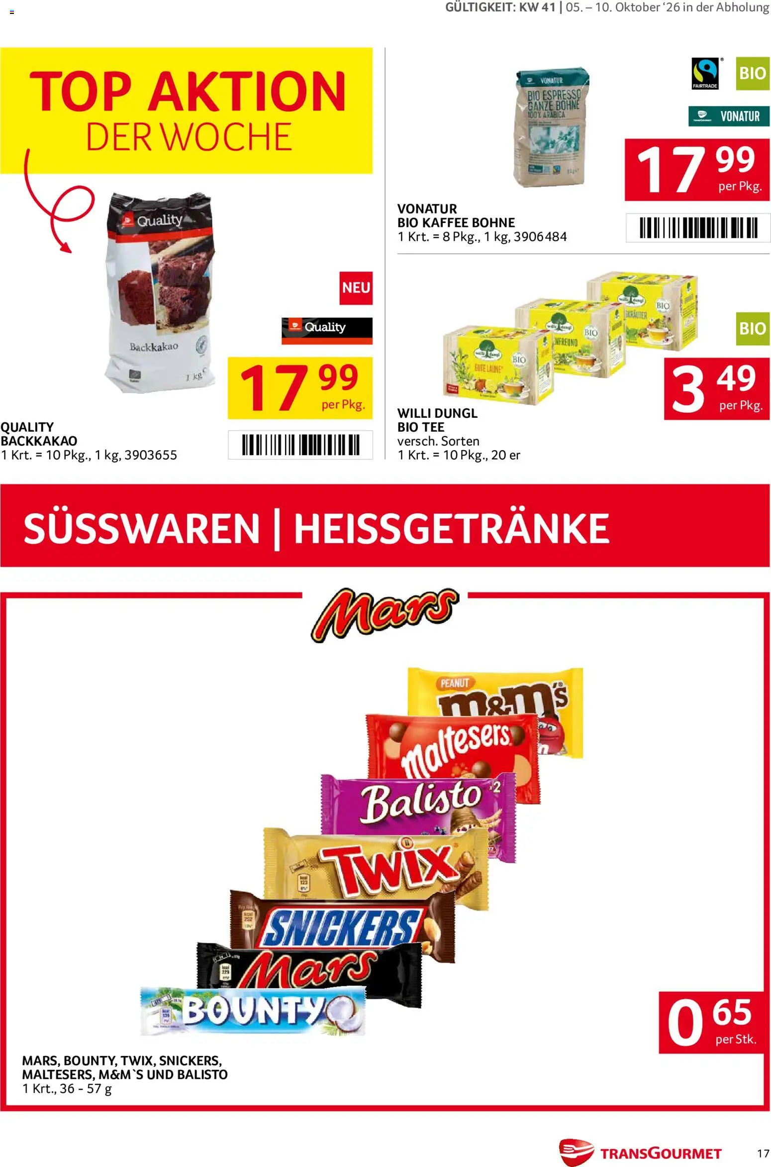 Transgourmet Flugblatt gültig ab 05.10.2026 | Seite: 17 | Produkte: Bohne, Snickers, Kaffee, Tee