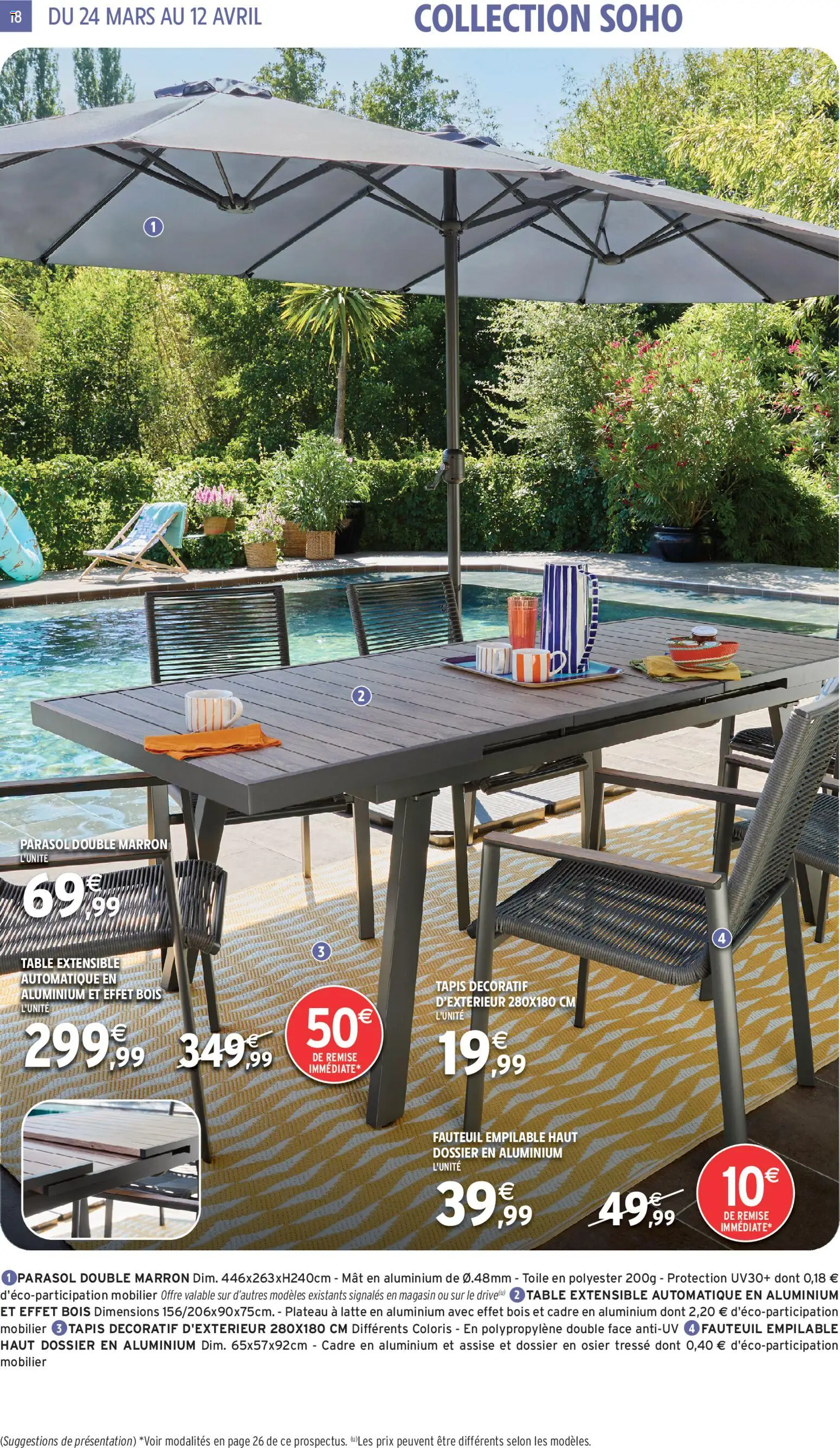 {H1} | Page: 18 | Produits: Plateau, Table extensible, Tapis, Parasol