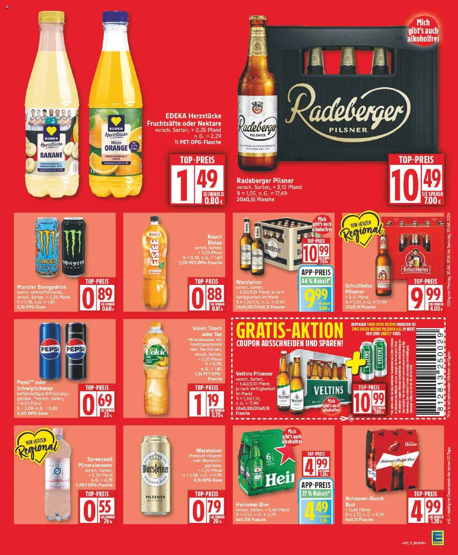 Edeka Prospekt 	 – gültig ab 20.04.2026 | Seite: 13 | Produkte: Warsteiner, Mango, Pfirsich, Tee