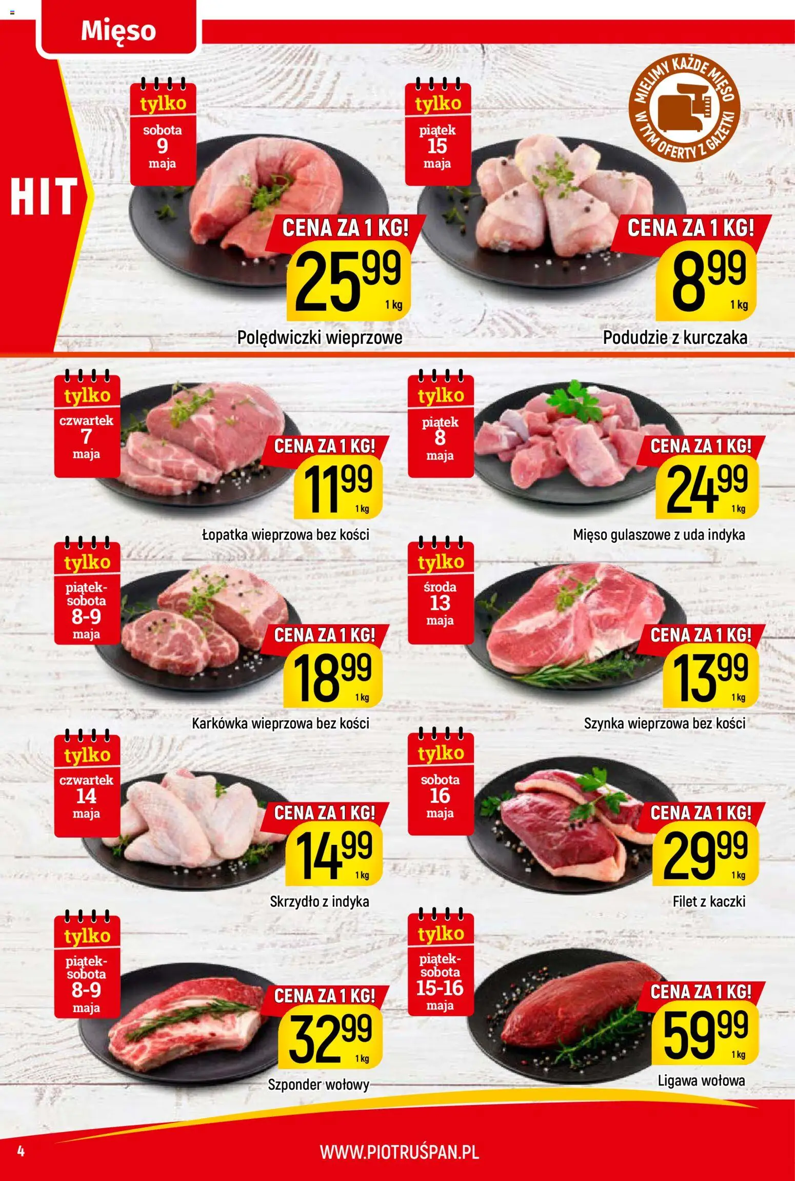 Piotruś Pan gazetka od 07.05.2026 | Strona: 4 | Produkty: Karkówka, Szynka wieprzowa, Szynka, Polędwiczki wieprzowe