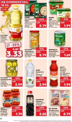 K-CLASSIC Champignons, 1. Wahl, in Scheiben, je 280-g-Glas, Abtropfgewicht 170 g, (1 kg = 4.65) ab 18.06.2026 gültig | Seite: 32 | Produkte: Tomaten, Creme, Champignons, Gurken