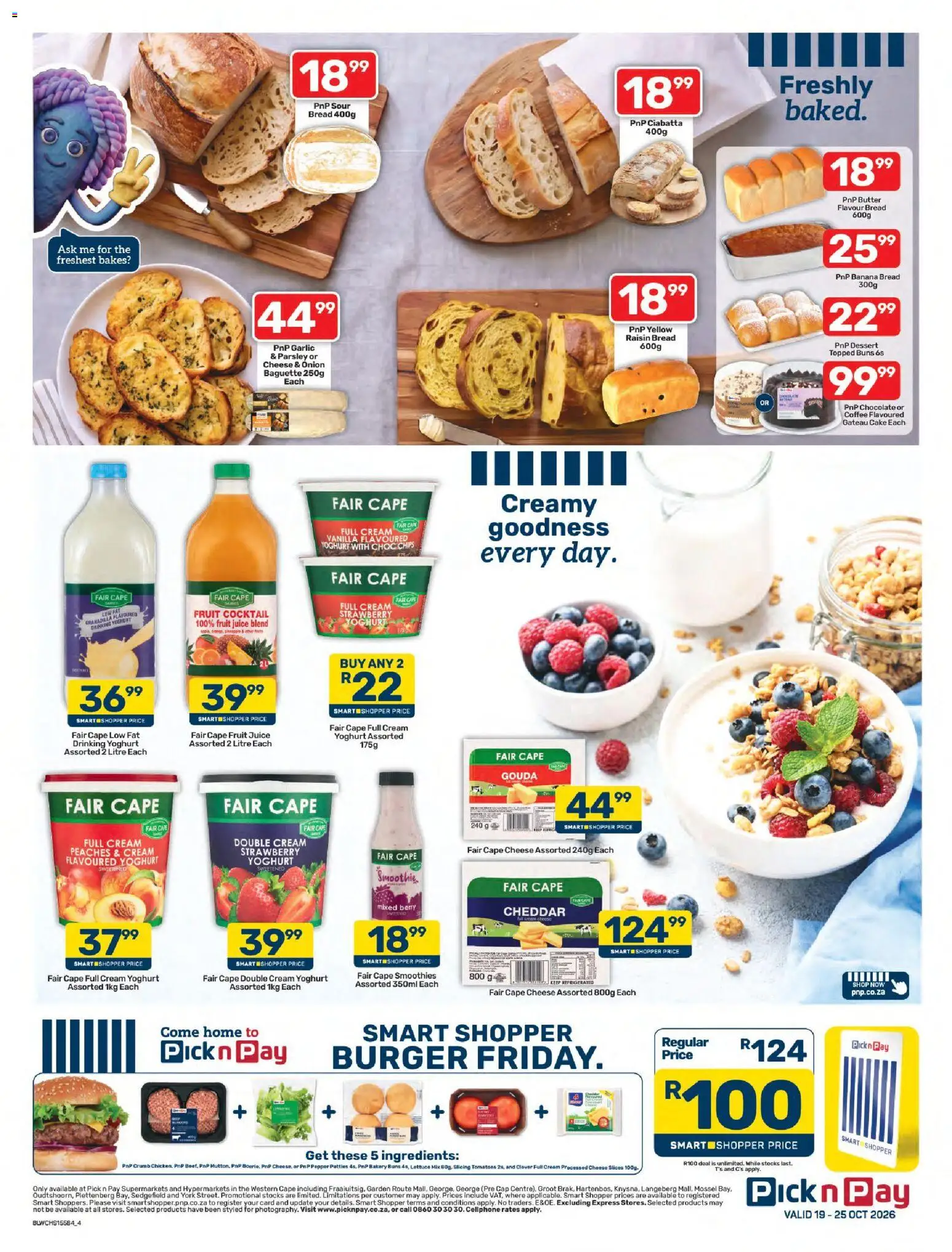 New Pick n Pay catalogue – valid from 19/10/2026 | Page: 4 | Products: Cake, Yoghurt, Cheddar, Fruit