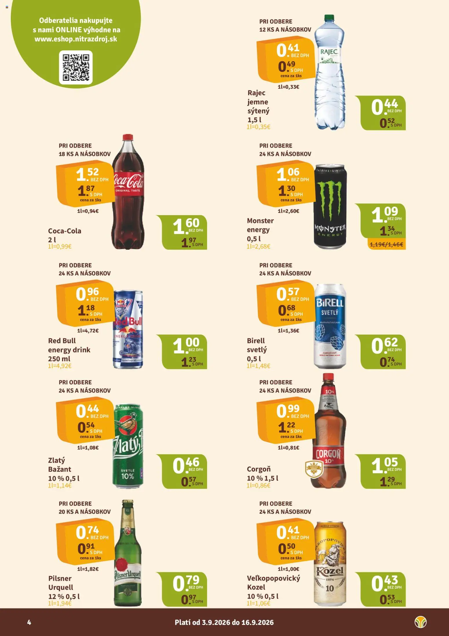 Nové Nitrazdroj akcie – leták je platný od 03.09.2026 | Strana: 4 | Produkty: Pilsner Urquell, Birell, Rajec, Red Bull