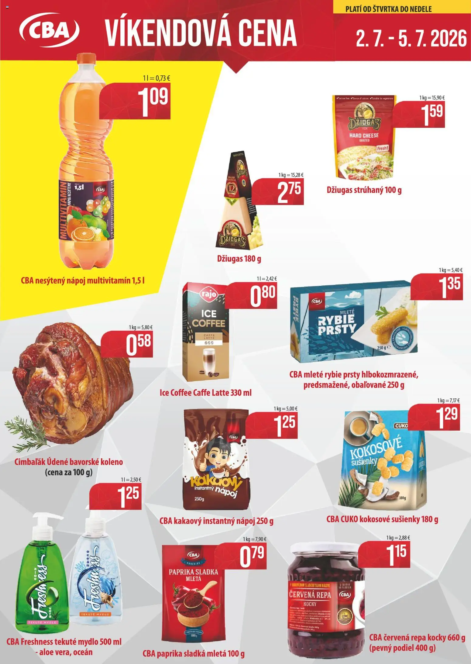 Nové CBA Verex akcie – leták je platný od 02.07.2026 | Strana: 1 | Produkty: Paprika, Mydlo, Červená repa