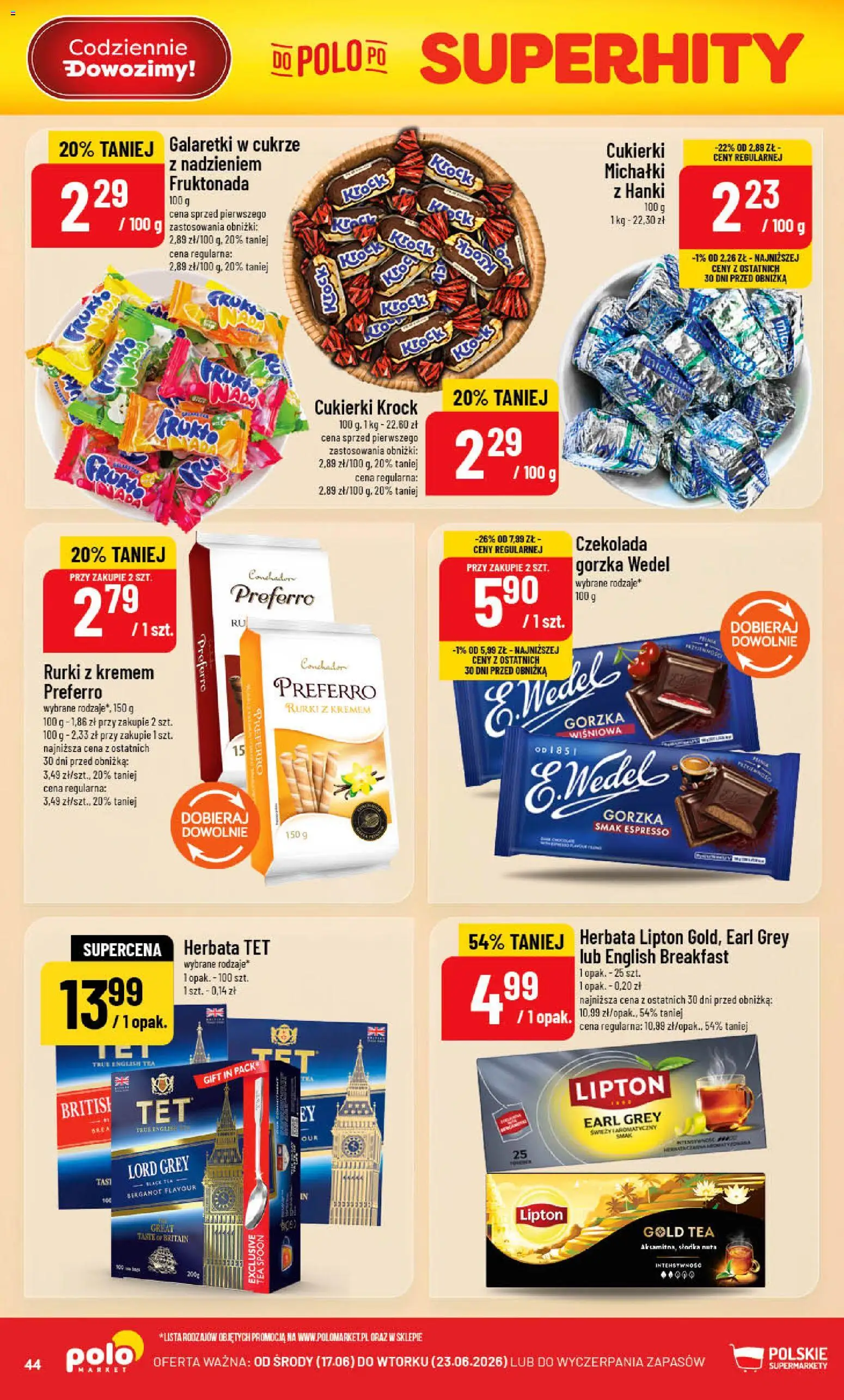 POLOmarket gazetka od 17.06.2026 | Strona: 44 | Produkty: Rurki z kremem, Galaretki, Czekolada, Herbata
