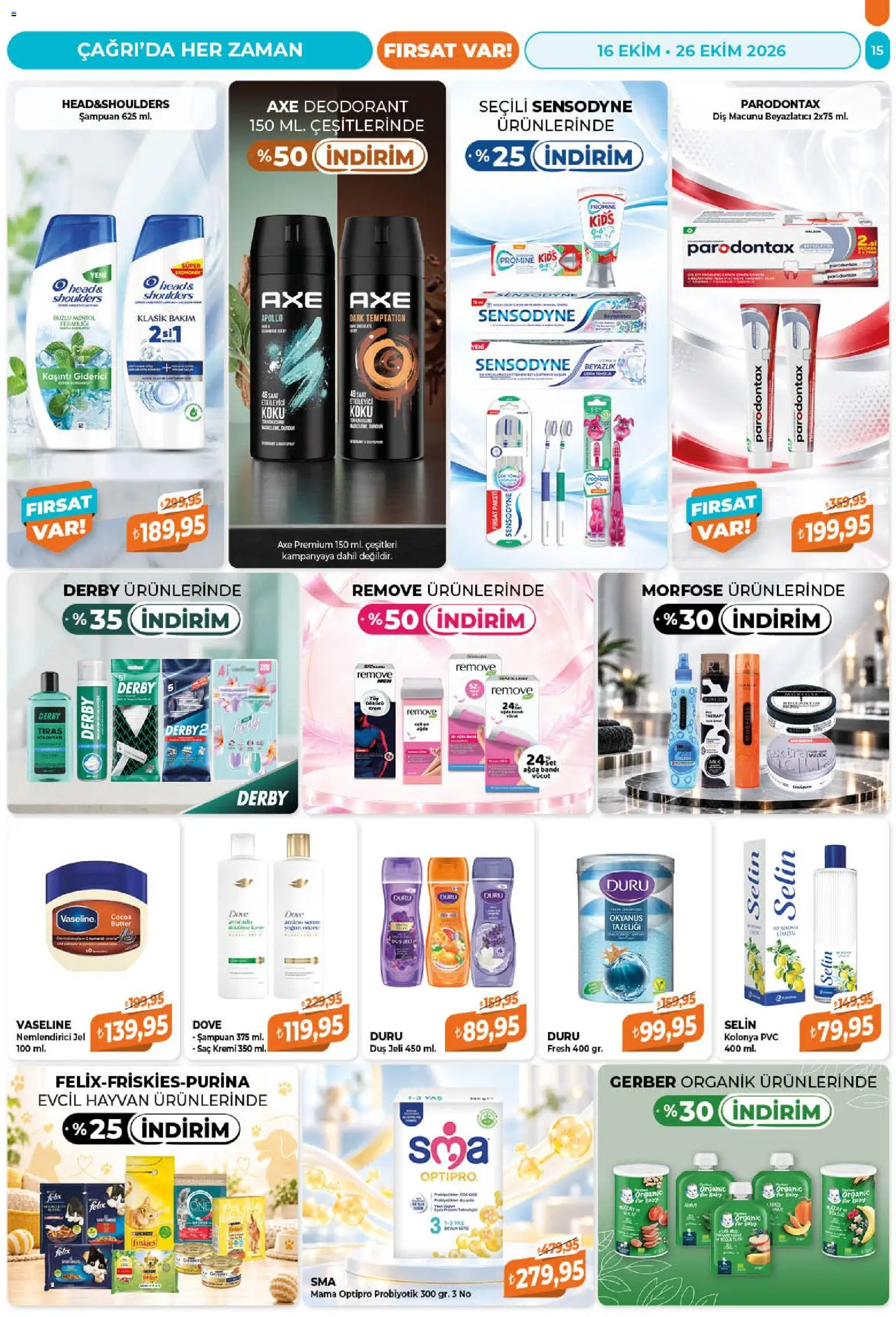 Çağrı Market Katalog - 16 Ekim 2026 tarihinden itibaren geçerlidir | Sayfa: 15 | Ürünler: Şampuan, Duş jeli, Deodorant, Diş macunu