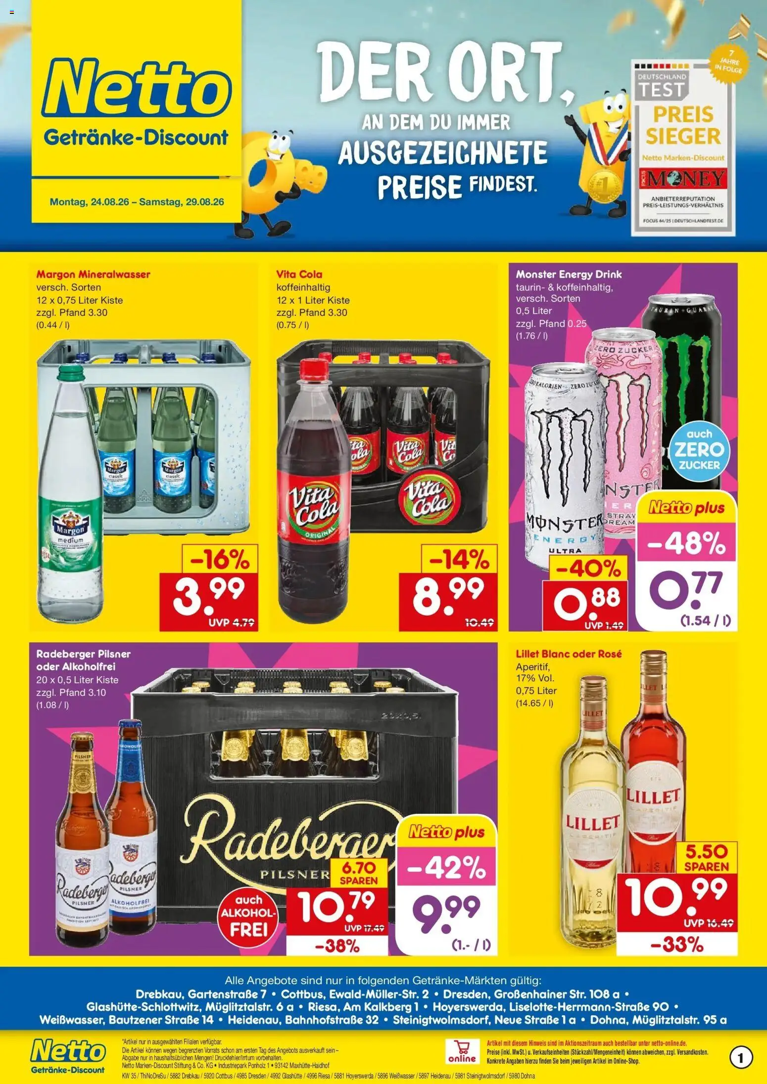 Netto Marken-Discount Prospekt Dresden – gültig ab 24.08.2026 | Seite: 1 | Produkte: Mineralwasser, Alkohol, Zucker, Radeberger pilsner