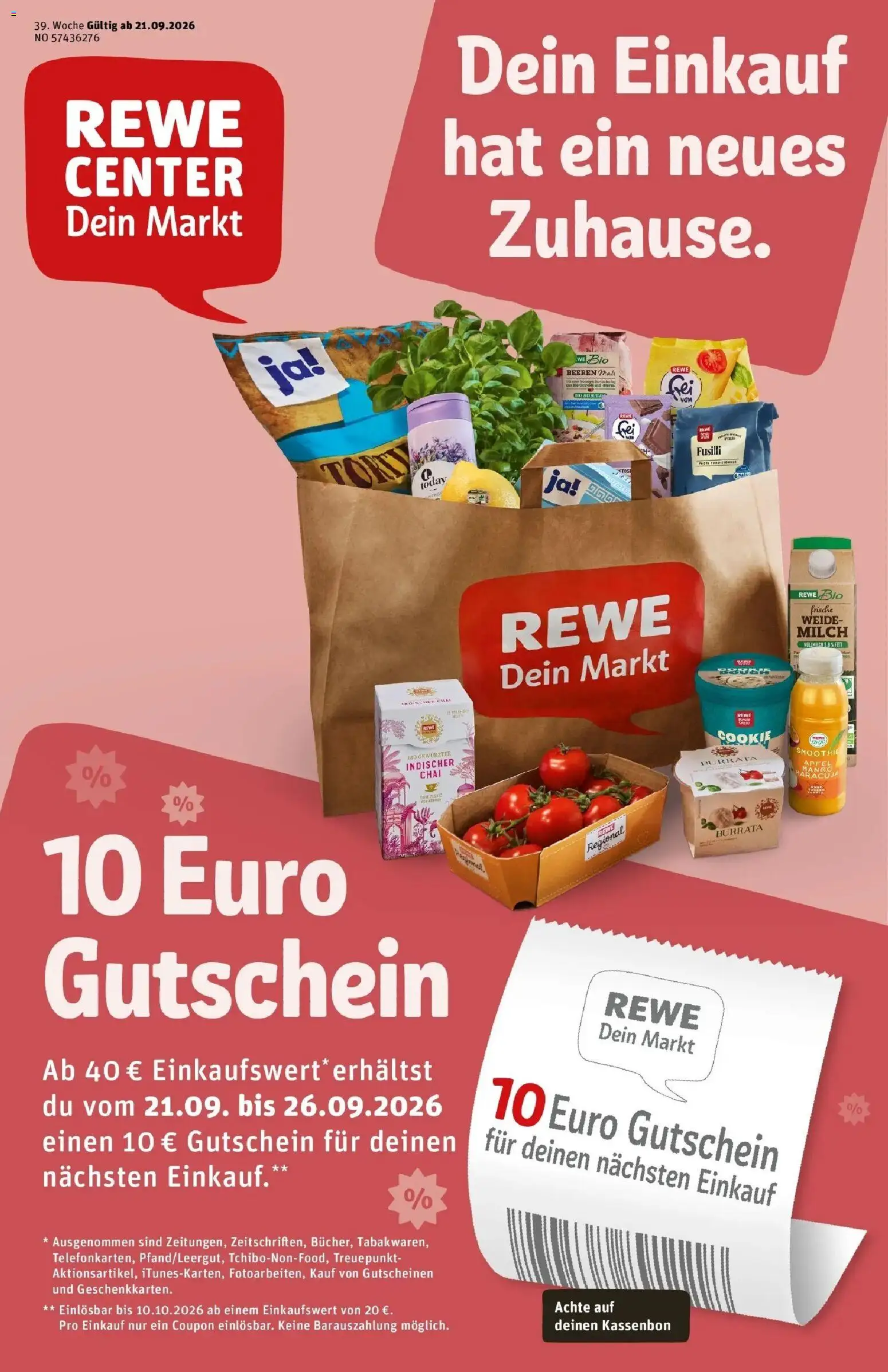 REWE Prospekt ab 21.09.2026 zum Blättern » Angebote | Seite: 1 | Produkte: Milch, Äpfel, Burrata, Mango