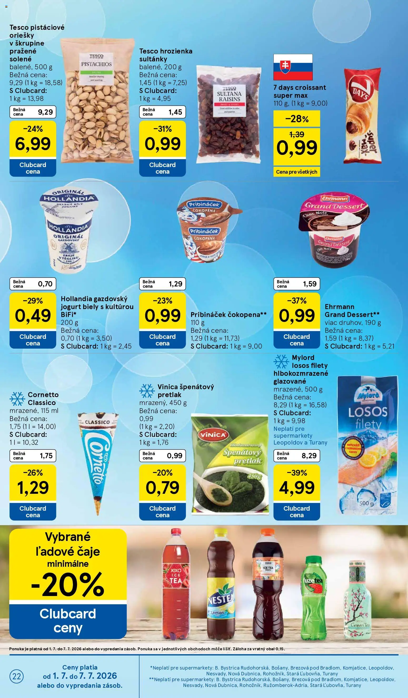 Nové Tesco akcie – leták je platný od 01.07.2026 | Strana: 22 | Produkty: Jogurt, Croissant, Losos, Hrozienka