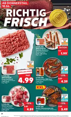 K-PURPURAND, WERTSCHÄTZE, Rinderhackfleisch, gehackt, ideal für Burger, 500-g-Packg., (1 kg = 9.98), Rinderhackfleisch, gehackt, ideal für Burger, 500g pack. ab 18.06.2026 gültig | Seite: 24 | Produkte: Bratwurst, Burger, Gulasch, Schweinefleisch