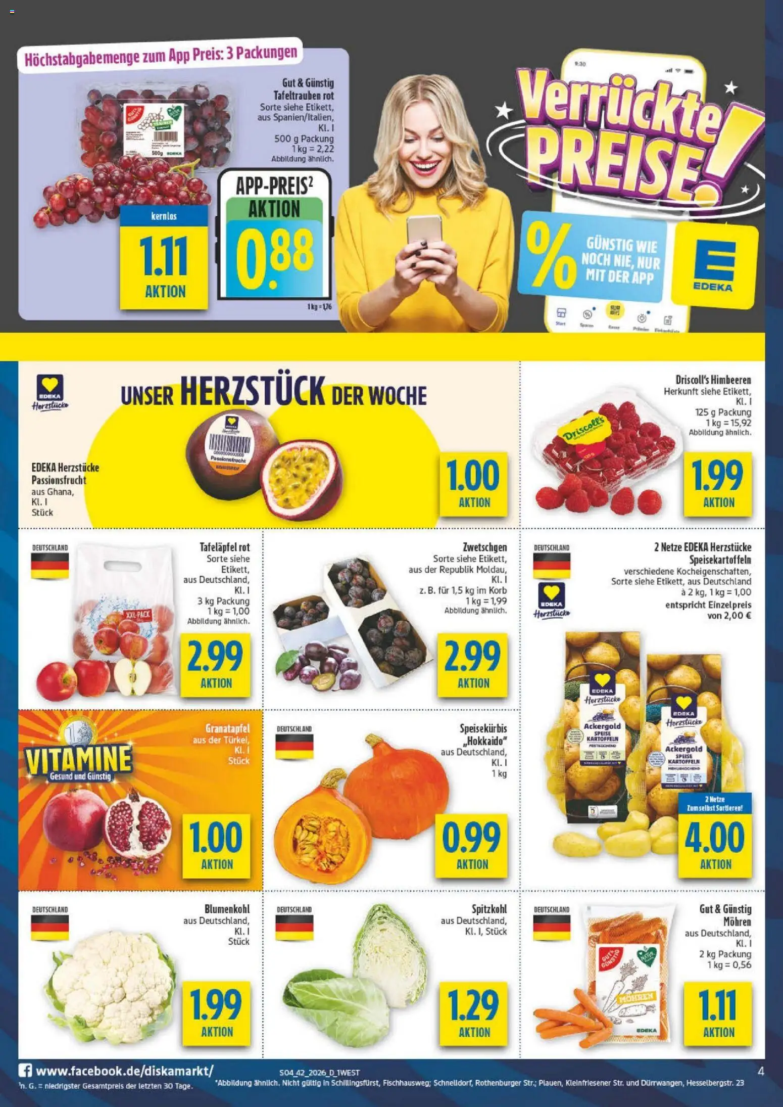 Diska Bayern – gültig ab 12.10.2026 | Seite: 4 | Produkte: Himbeeren, Granatapfel, Mohren, Kartoffeln