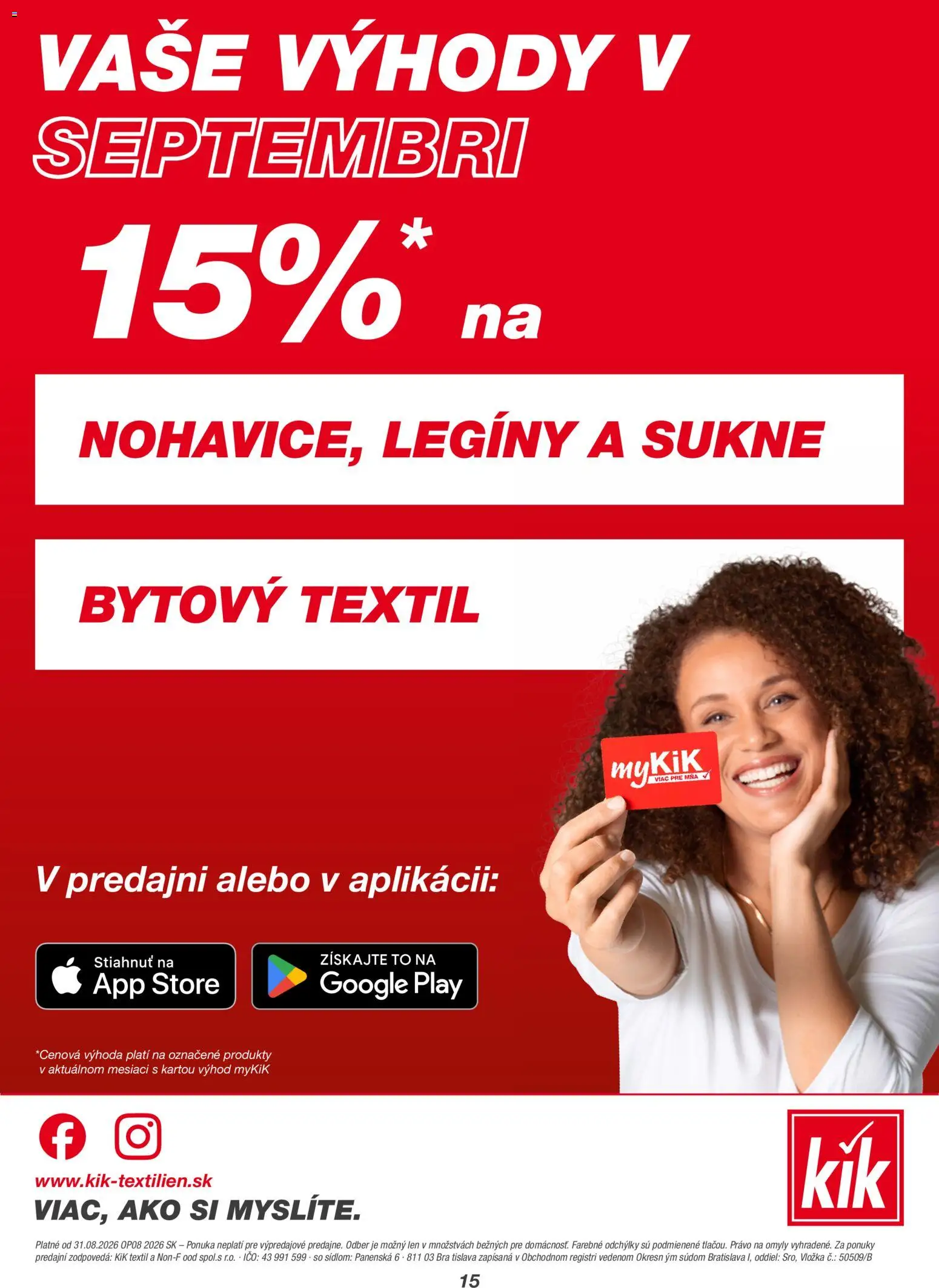 Nové Kik akcie – leták je platný od 31.08.2026 | Strana: 15 | Produkty: Sukne, Legíny