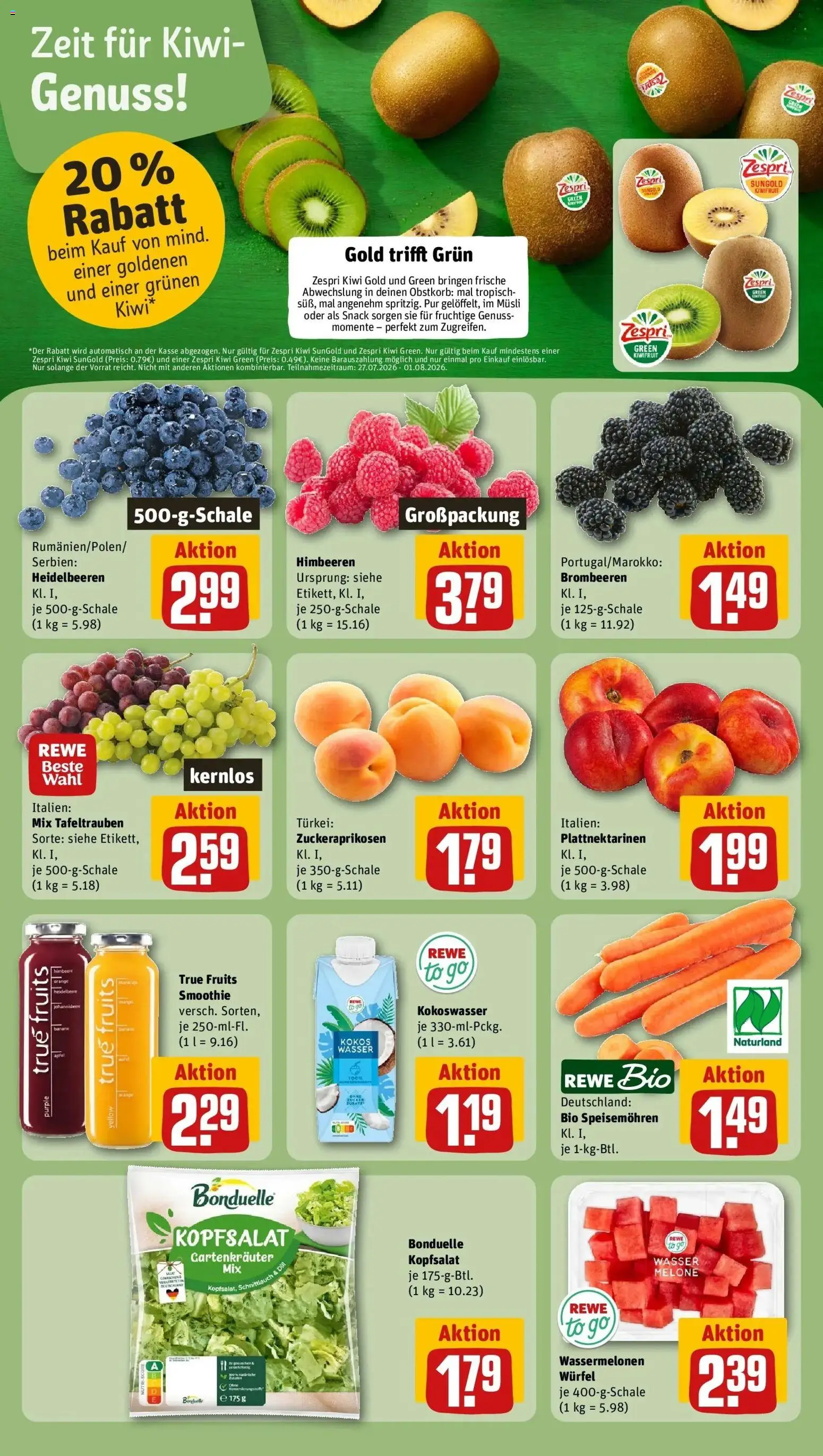 Rewe Prospekt München – gültig ab 27.07.2026 | Seite: 4 | Produkte: Musli, Heidelbeeren, Wasser, Melone