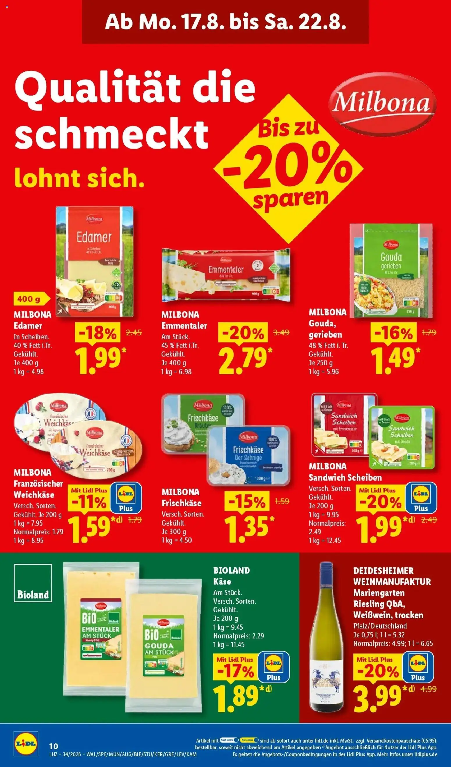 Lidl Prospekt Weikersheim (ab 17.08.2026) zum Blättern » Angebote | Seite: 20 | Produkte: Käse, Gouda, Edamer, Frischkase