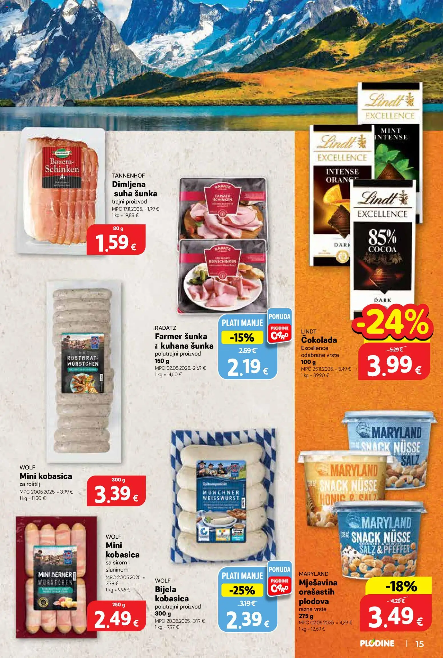 Plodine katalog | vrijedi od 13.05.2026 | Stranica: 15 | Proizvodi: Lindt, Čokolada, Šunka, Kobasica