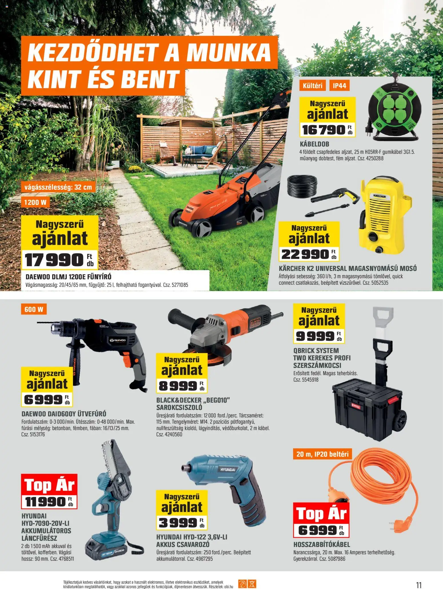 OBI akciós ujság - amely érvényes a következő dátumtól: 07.05.2026 | Oldal: 11 | Termékek: Sarokcsiszoló, Fűnyíró, Láncfűrész, Csavarozó