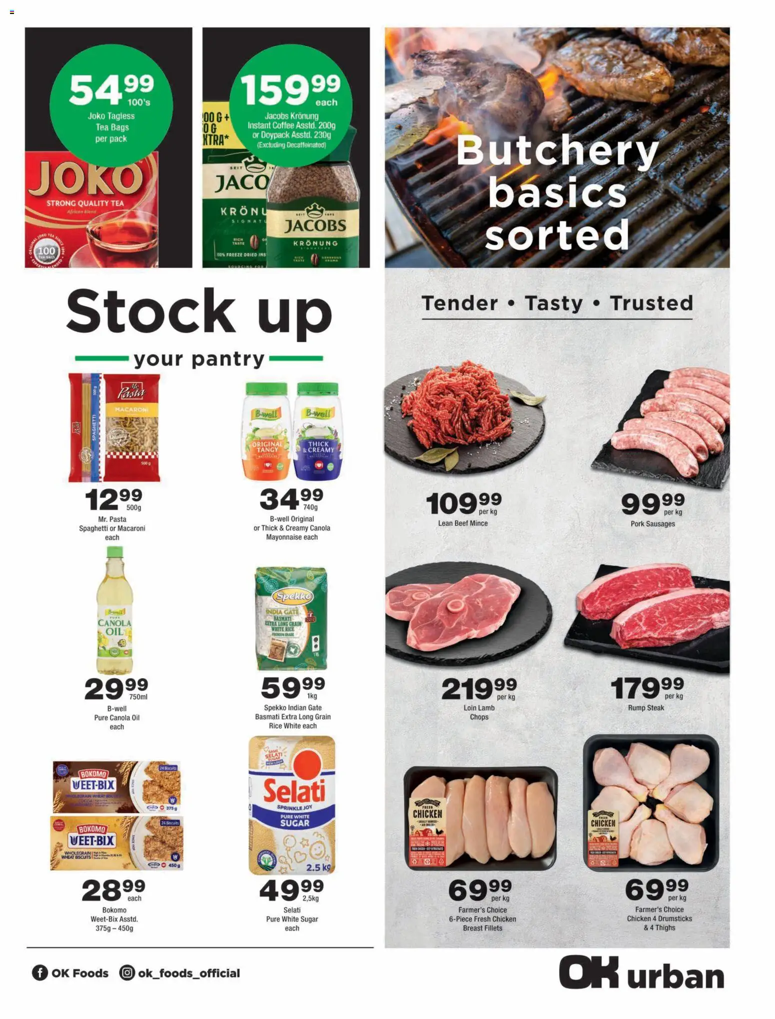 New OK Foods catalogue – valid from 14/10/2026 | Page: 3 | Products: Biscuits, Pork, Stock, Instant coffee