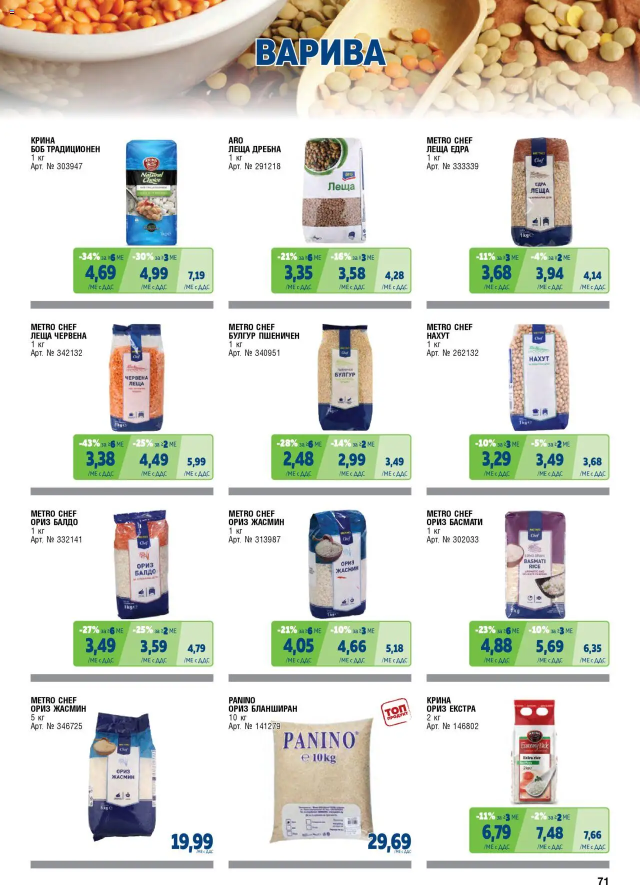 {H1} | Страница: 71 | Продукти: Ориз, Нахут, Hunajamelonit, Леща