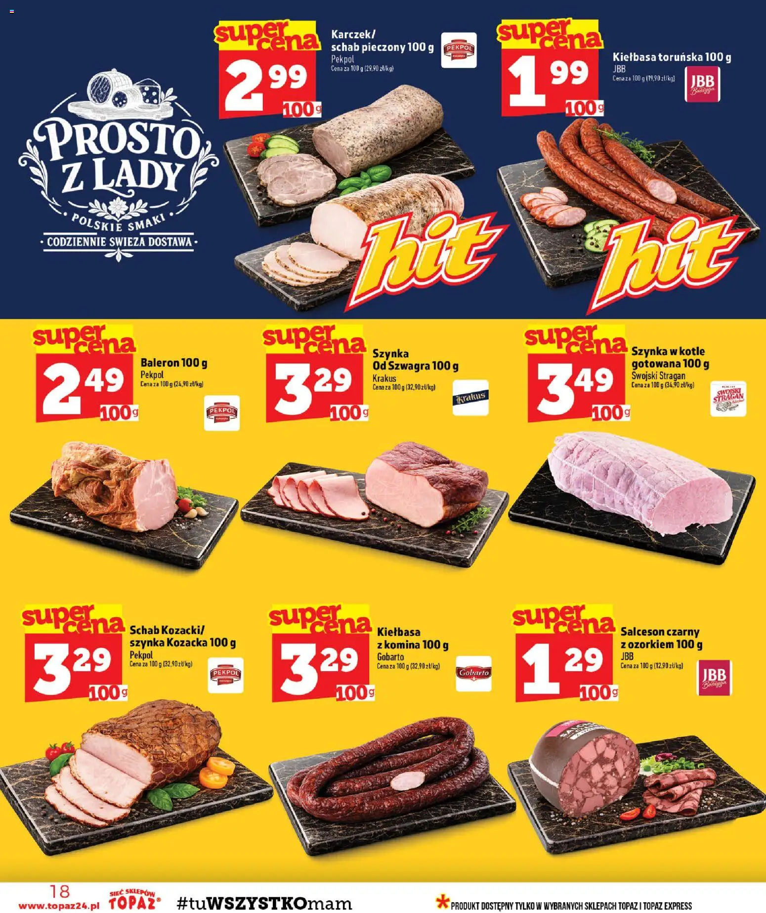 Topaz gazetka - MAZ od 13.08.2026 | Strona: 18 | Produkty: Schab, Szynka, Salceson, Schab pieczony