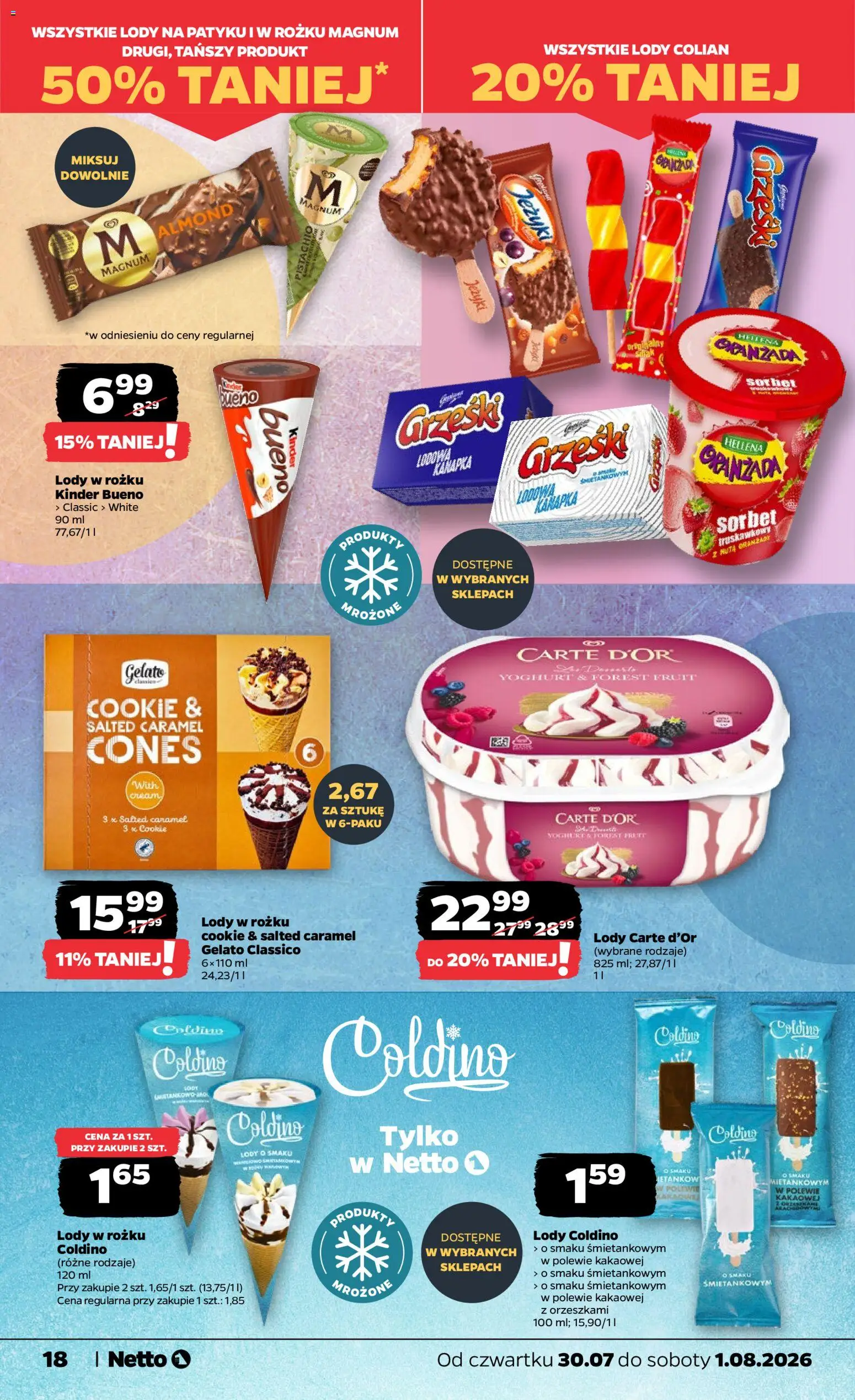 Netto gazetka od czwartku od 30.07.2026 | Strona: 18 | Produkty: Coldino lody, Lody na patyku, Sorbet, Lody